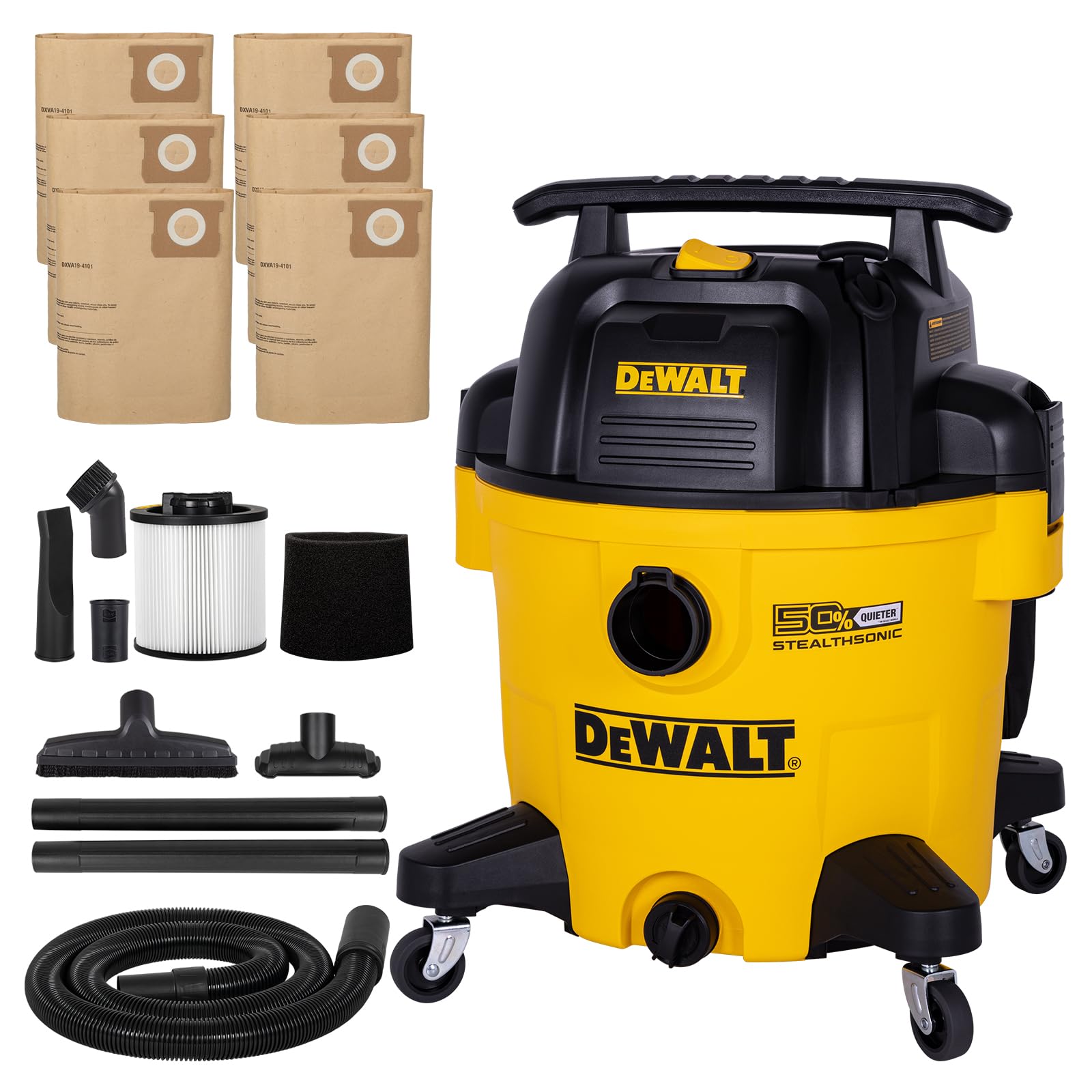 DEWALT 10 Gallon Stealthsonic Wet/Dry Vacuum, 5 Peak HP Ultra-Quiet Shop Vac with Full Accessory Kit & 6 Bonus Dust Bags, 1-7/8 in. x 7 ft. Hose for Job Sites, Workshops & Garages