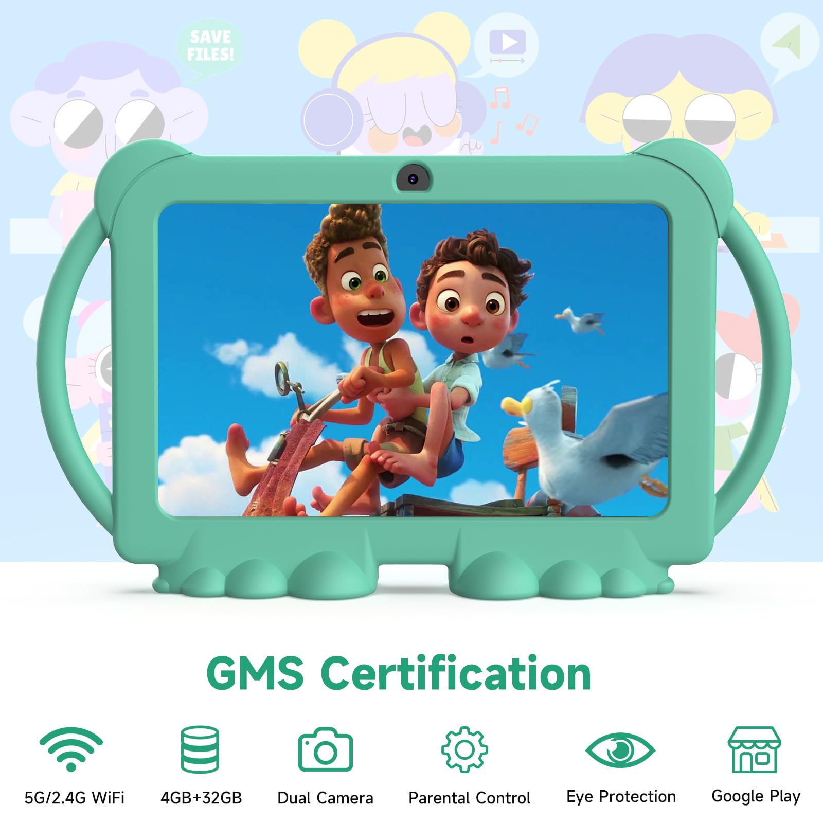 ATOZEE NV-Q8K-25-NEW Tablet da 7 Pollici per Bambini, 4 GB + 32 GB, Android 12, Verde, Wi-Fi 6, Doppia Fotocamera