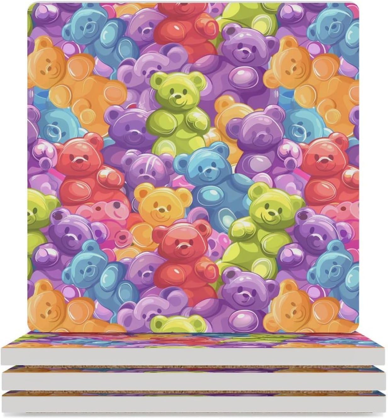 Gummy Bears Candies Coaster for Drinks Square Ceramic Table Coasters Stone Mat Crafts 6PCS Home Kitchen Decor