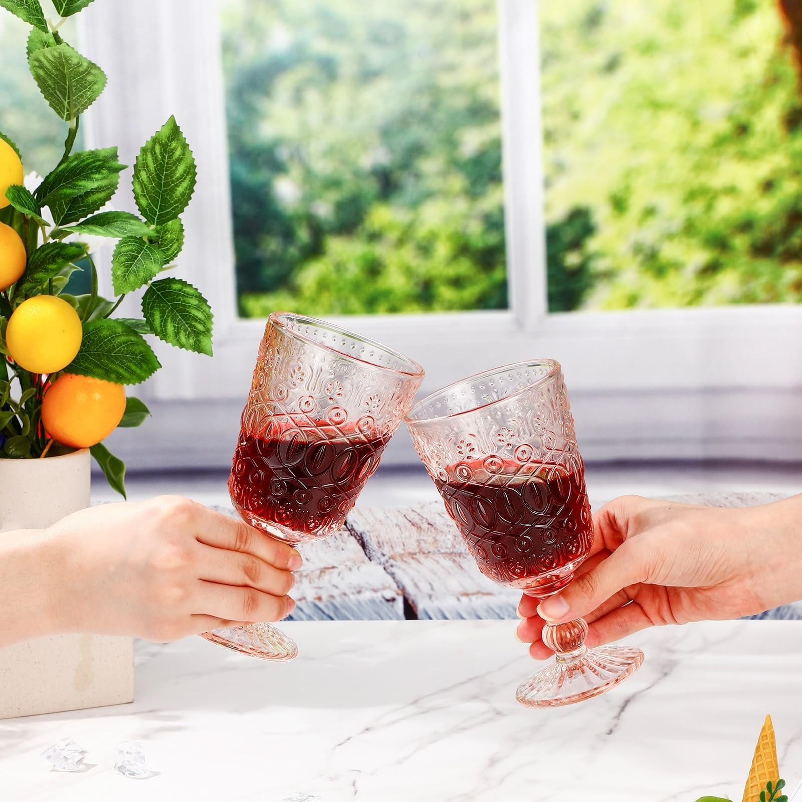 Copas de vino con relieve rosa Vintage, copas de tallo grueso resistentes for bodas, banquetes, ocasiones de aniversario, 6 uds. Vaso para bebidas