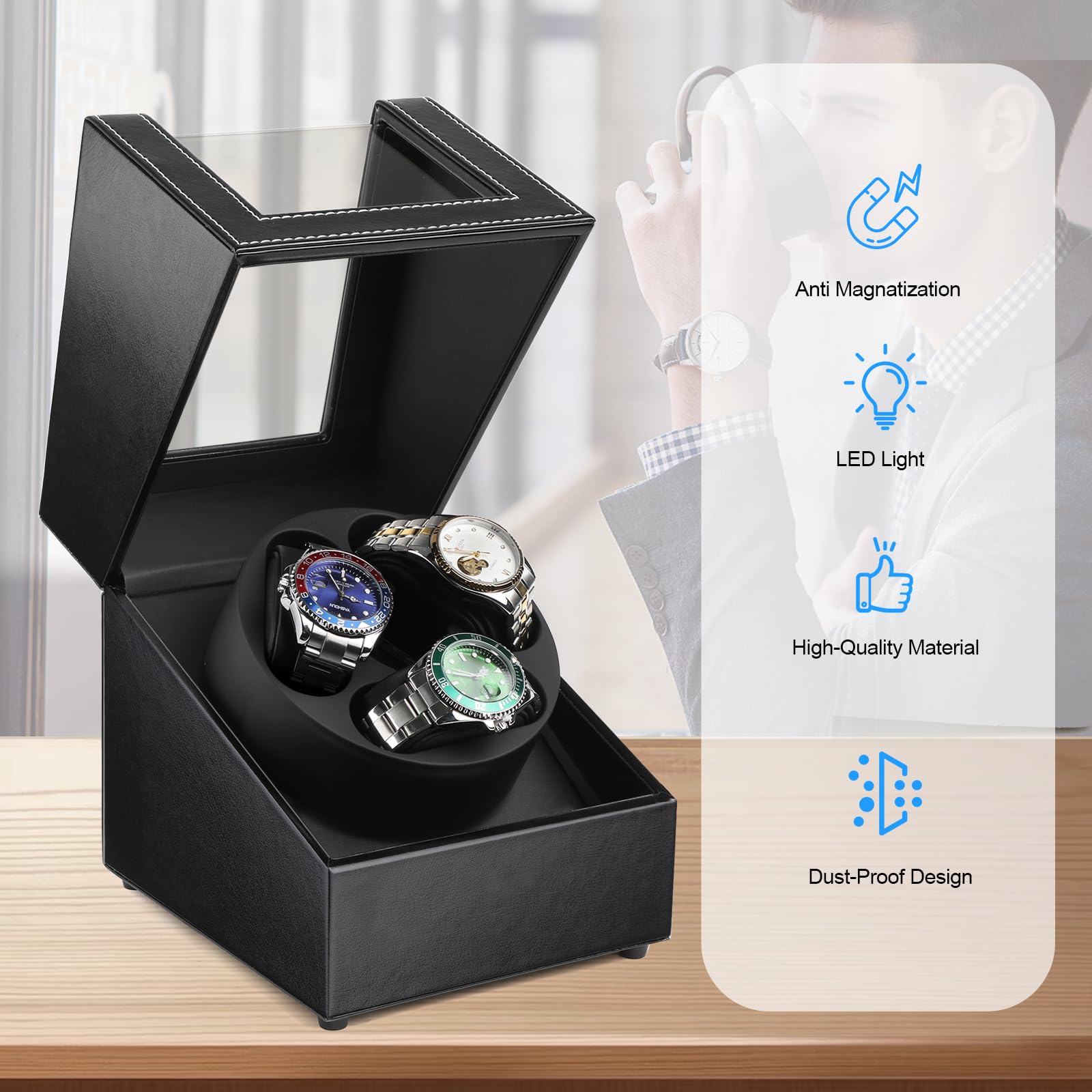 J&T Technology Remontoir de montre automatique avec lumière LED, boîtier rotatif avec moteur silencieux japonais, 4 modes de rotation, USB de type C