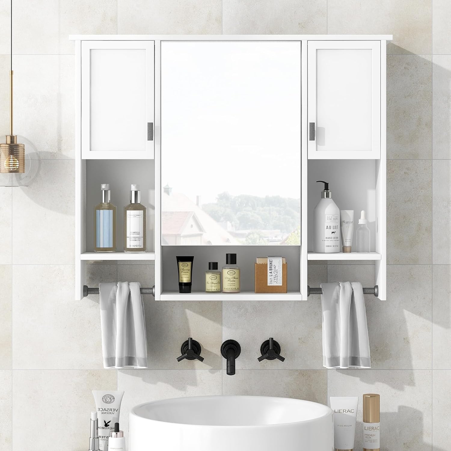 Bathroom Medicine Cabinet, Wall Mounted Bathroom Storage Cabinet with Mirror, Open Shelf, Side Cabinet and Towel Bar, Over The Toilet Mirrored Cabinet, 35" W x 28.7" H