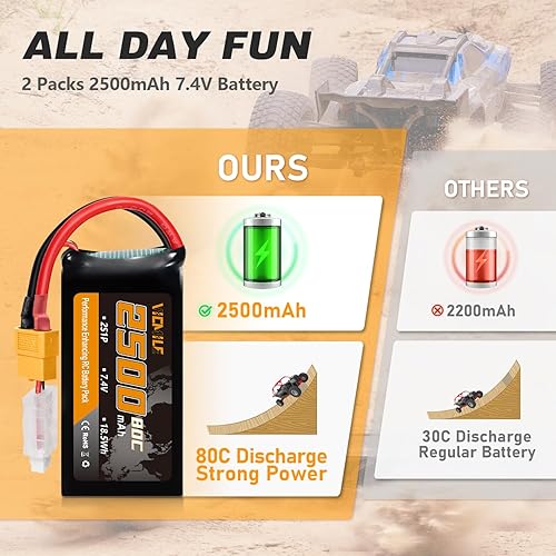 Miniatura 4 de Batería Lipo 2S 2500mAh 7.4V 80C Alta tasa de descarga Shorty Pack Baterías RC con enchufe XT60 Fit para RC Avión FPV Quadcopter Helicóptero Drone