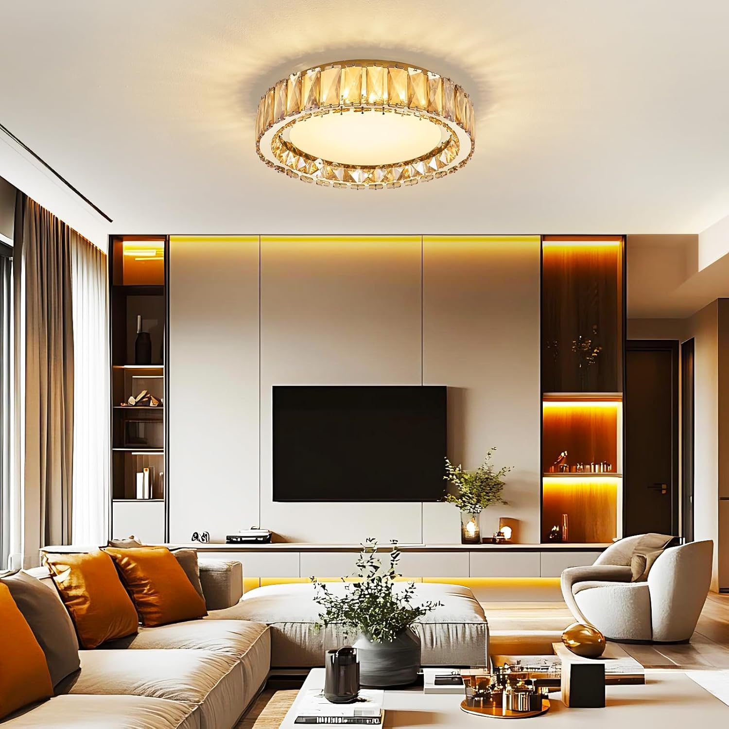 Amber Crystal Dimmable Flush Mount Ceiling Light, Gold Modern LED Close to Ceiling Light Fixture with 5CCT 2700K-6000K, Round Kitchen Lighting for Bedroom,Laundry Room, Hallway, Living room (15in 36W)