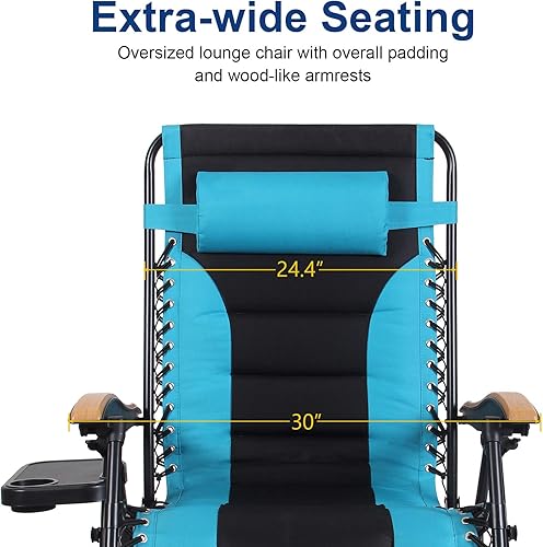Miniatura 2 de PHI VILLA Silla de gravedad cero de gran tamaño, acolchada XL para patio, reclinable, con soporte para tazas, soporta 350 libras (aguamarina)