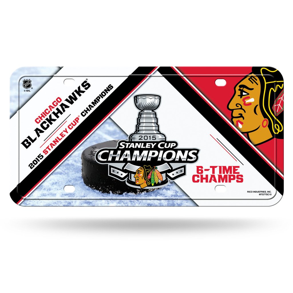 Rico Industries NHL Hockey Chicago Blackhawks 2015 Stanley Cup Champions Metal Auto Tag 8.5