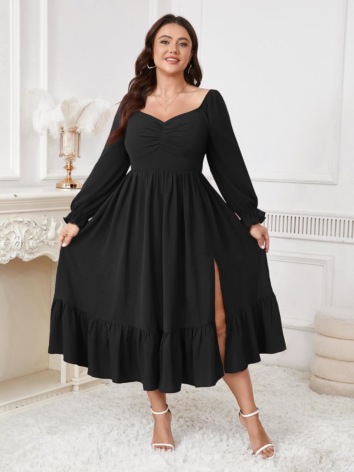 SCOMCHIC Womens Plus Size Wedding Guest Cocktail Dress Sweetheart Neckline Long Sleeve Smocked Ruffle Slit Maxi Dresses - Image 4