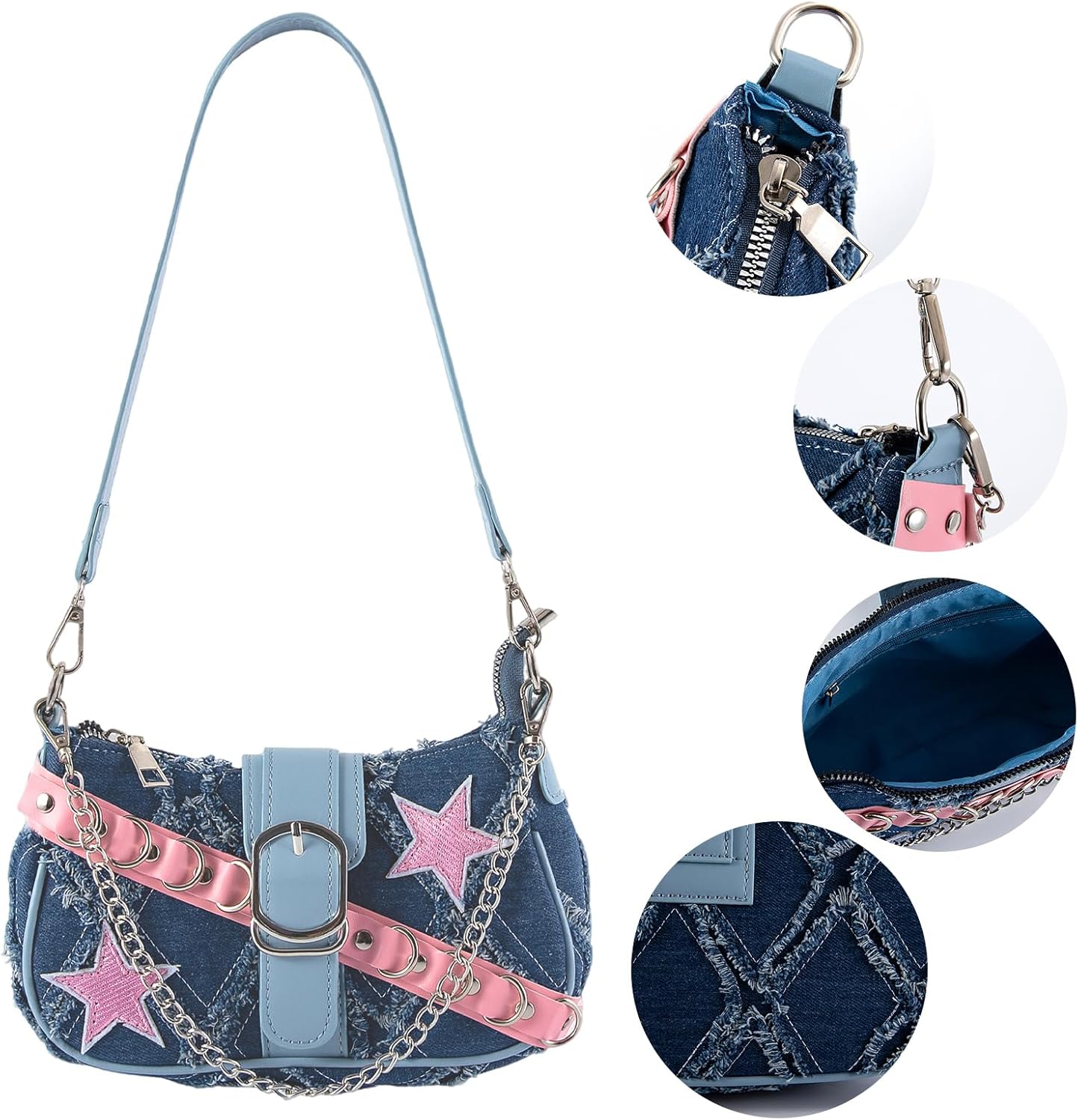 Y2K Denim Purse for Women, Star Embroidery Blue Jean Purse, Mini Crossbody Shoulder Bag with Quilted Design & Convertible Straps