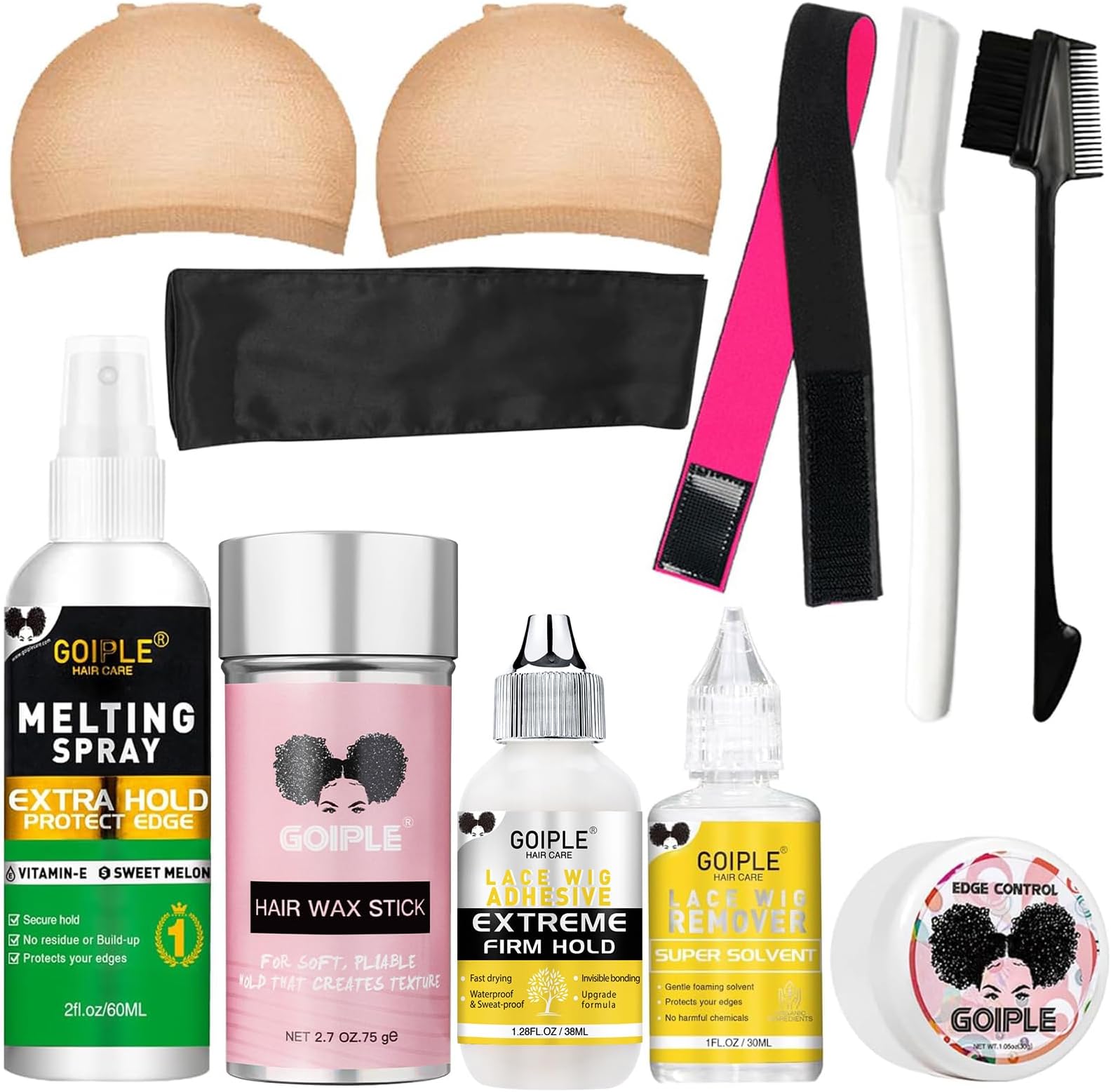 Wig Accessory Essentials Kit Lace Front Wig Glue & Remover, Wig Caps, Elastic Band, Hair Wax Stick, Edge Control, Edge Brush, Hair Shear Dermaplanning Razor Tool and Edge Scarf - 10PCS