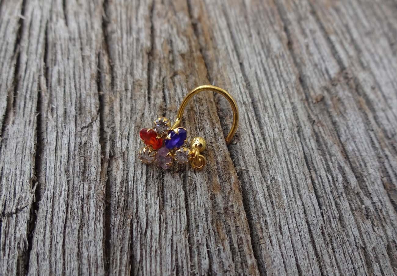 Indian Nose Stud Crystal Nose Hoop Crock Screw Nose Pin Dangle Nose Hoop Handmade Nose Piercing Bell Nose Stud Indian Nose Ring