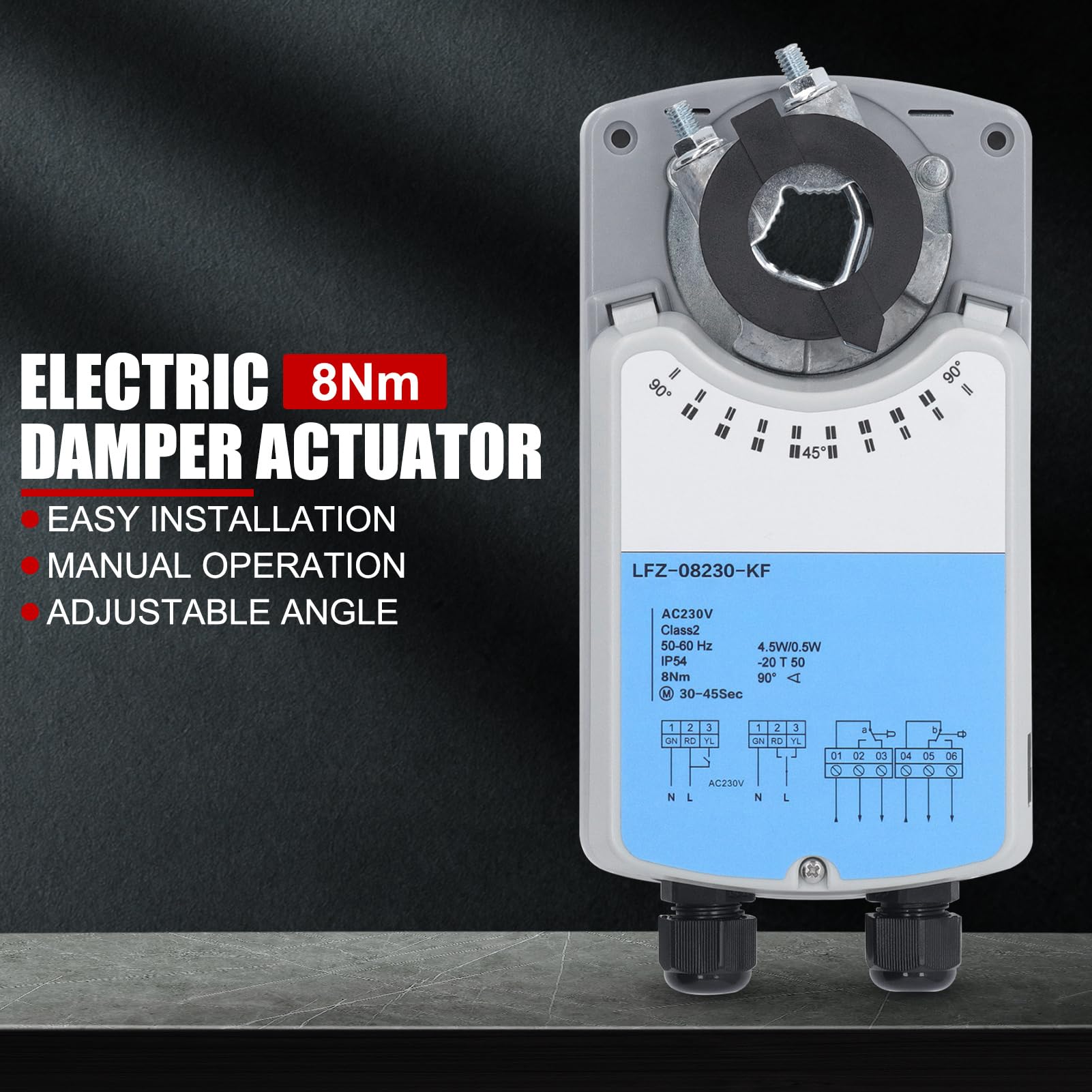 Attuatore elettrico per serranda da 230 V CA, coppia 8 Nm, con controllo on/off e interruttori ausiliari, per sistemi HVAC, ventilazione, unità di trattamento dell'aria e