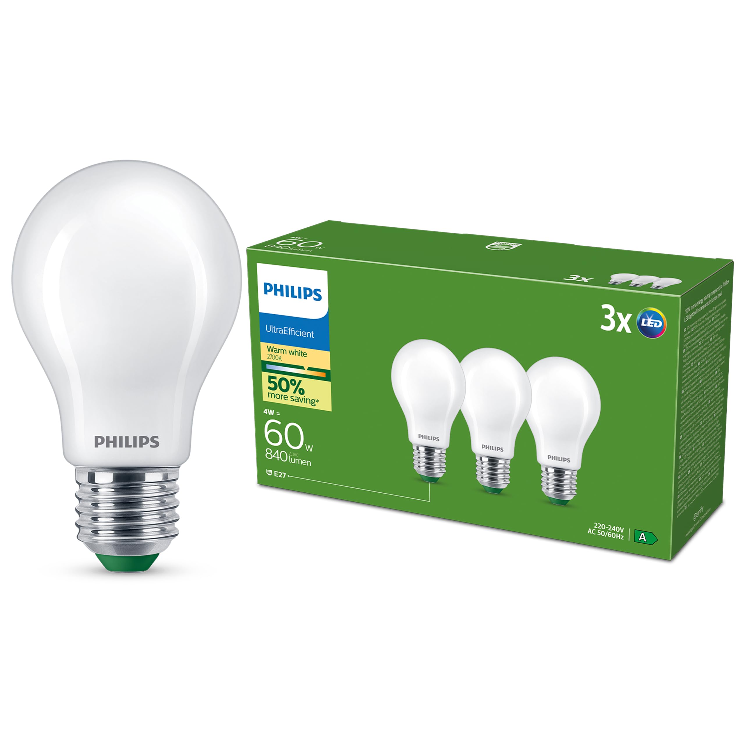 Philips E27 Led Bulb A60 4W 840Lm 2700K Matt 3-Pack