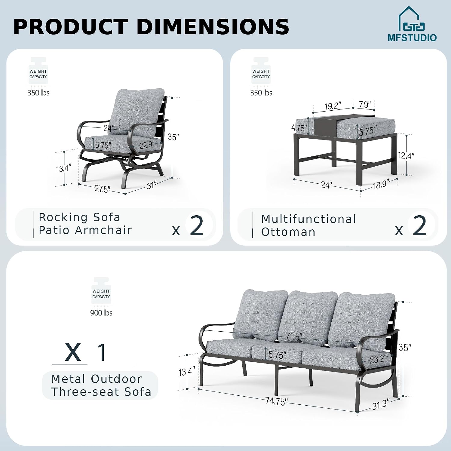 MFSTUDIO 5 Pieces Patio Conversation Sets,Outdoor Metal Furniture Sofas with 1 x 3-Seat Sofa, 2 x Swivel Chairs,2 x Ottoman,Wrought Iron Frame with Grey Cushion for Patio Courtyard Balcony