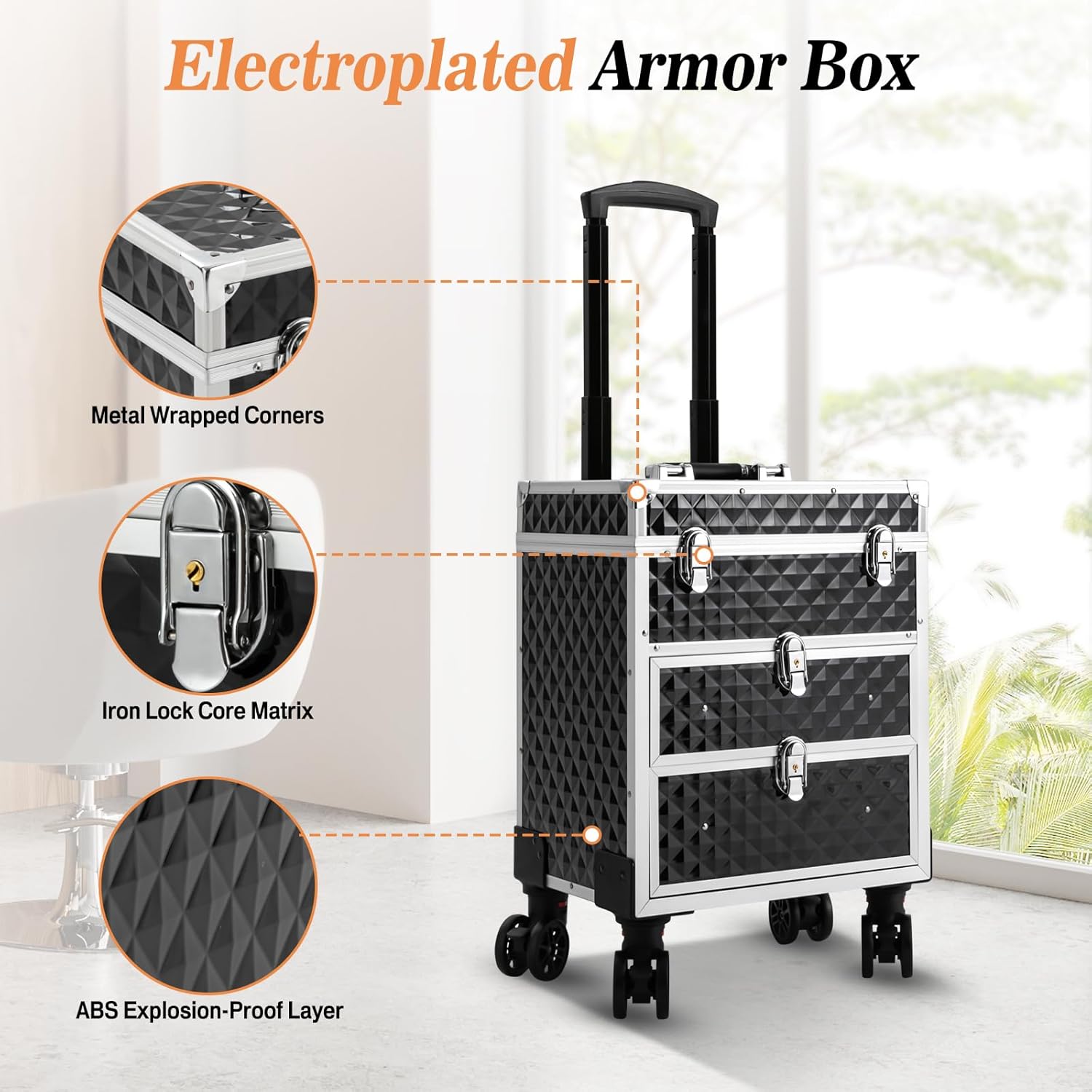 Professional Rolling Makeup Case Makeup Train Case Professional Makeup Storage Organizer with 4 Wheels Aluminum Trolley Train Case for Nail Tech Hairstylist Barber, Black