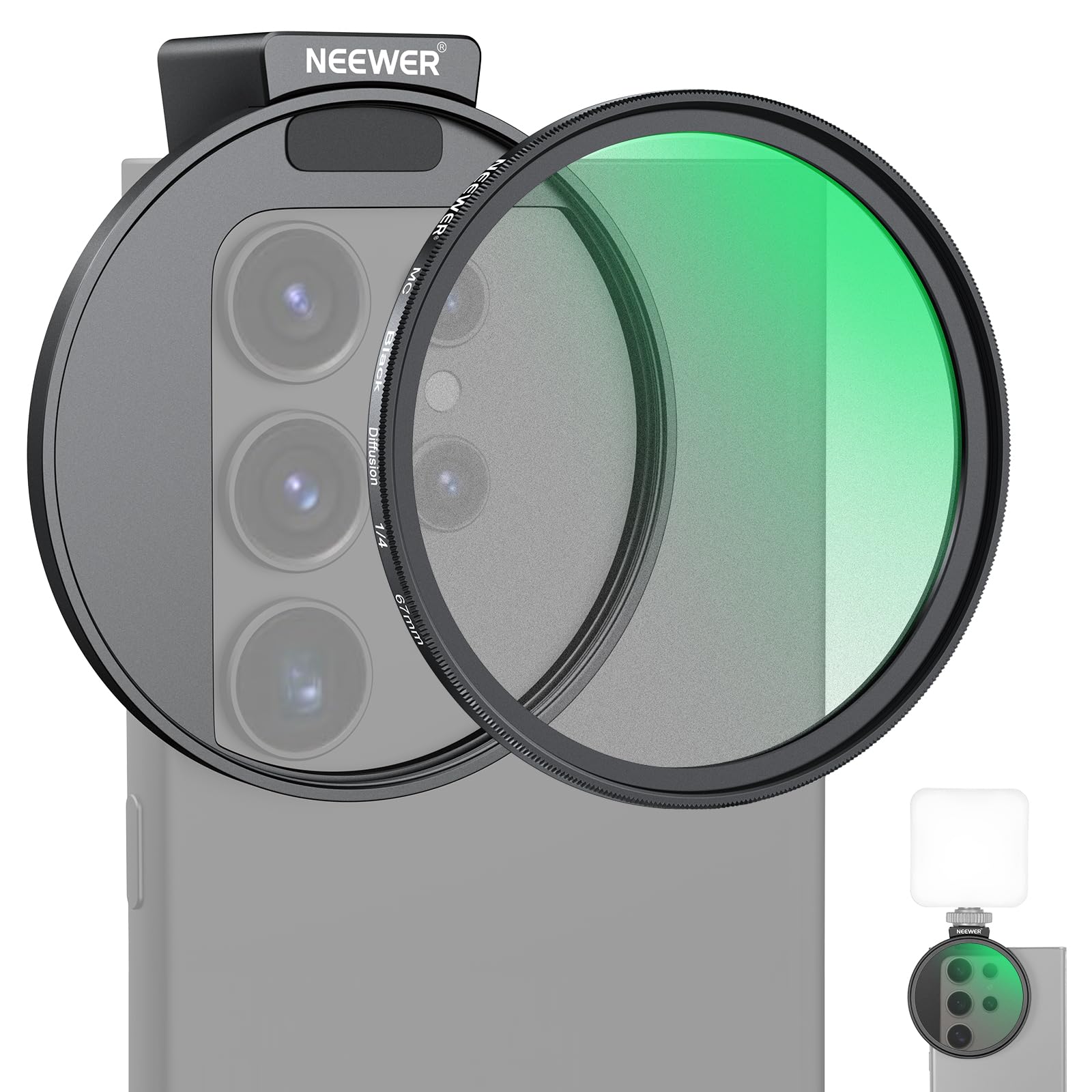 NEEWER 67mm Black Diffusion 1/4 Filter for Mist Cinematic Effect &amp; Cold Shoe Phone Clip, Pouch &amp; Lens Cleaning Cloth, Compatible with iPhone 17 16 16e 15 Pro Max Android Samsung Galaxy S26 Ultra