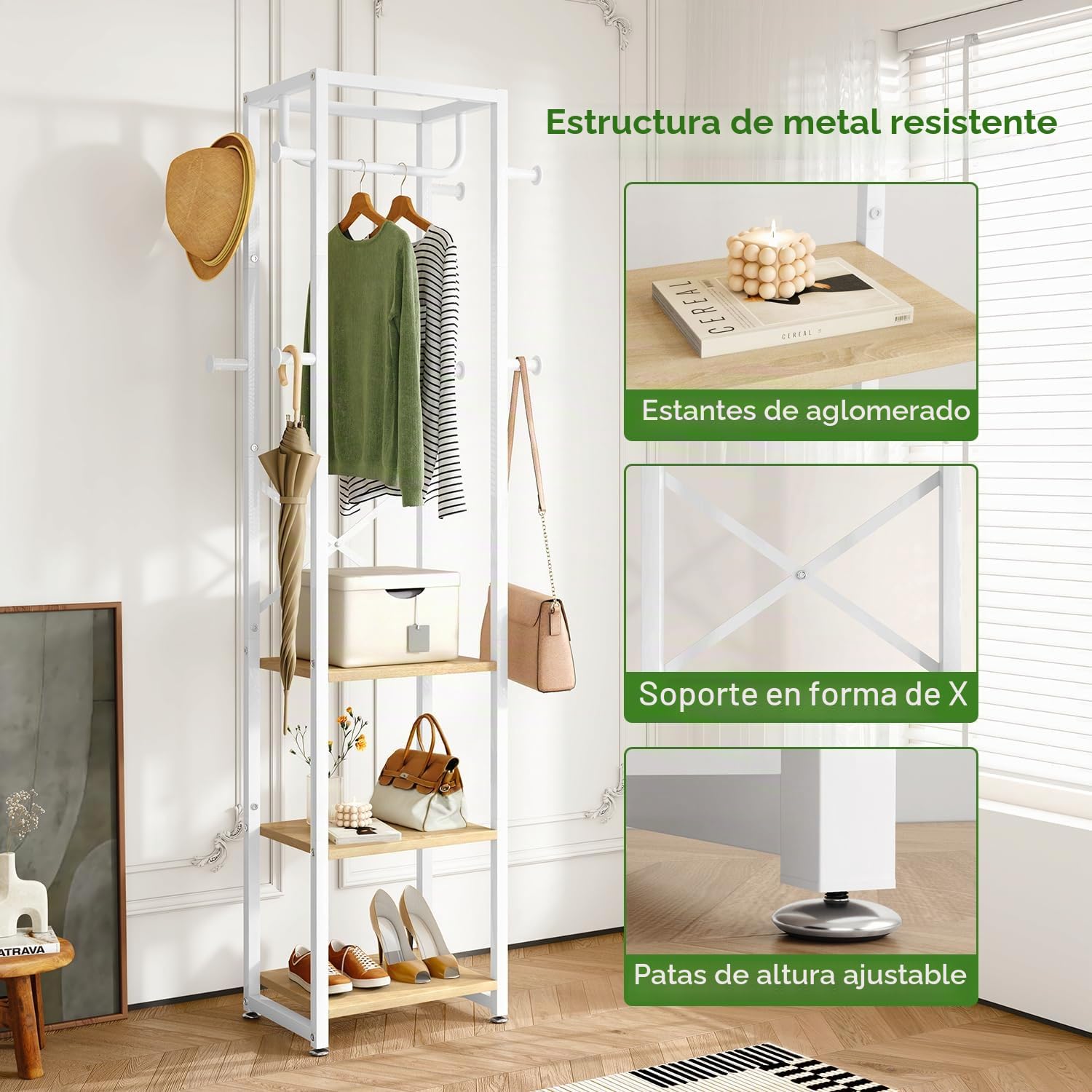 IBUYKE Perchero, Perchero independiente con 3 estantes y 8 ganchos, Perchero industrial de ropa para entrada, pasillo, dormitorio, 180 x 40 x 30 cm, color natural y blanco TMJ088R