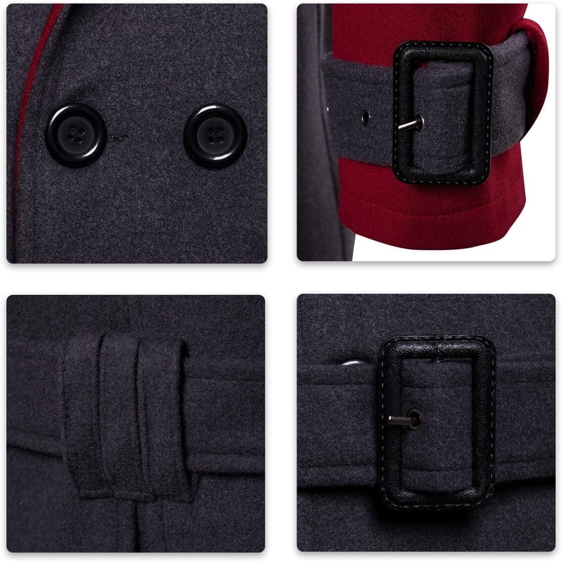 AOWOFS Men's Trenchcoat Wool Blend Winter Long Double Breasted Overcoat Slim Fit Warm with Belt Small Wine Red 042