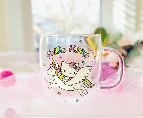Miniatura 3 de Hello Kitty Sanrio - Taza de cristal con diseño de unicornio con mango de purpurina, taza de café para expreso, té con leche Boba | Capacidad para