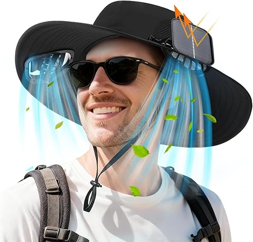 Berlune Sombrero de sol para hombre con 2 ventiladores solares de ala ancha sombrero de pesca al aire libre USB y energía solar para protección