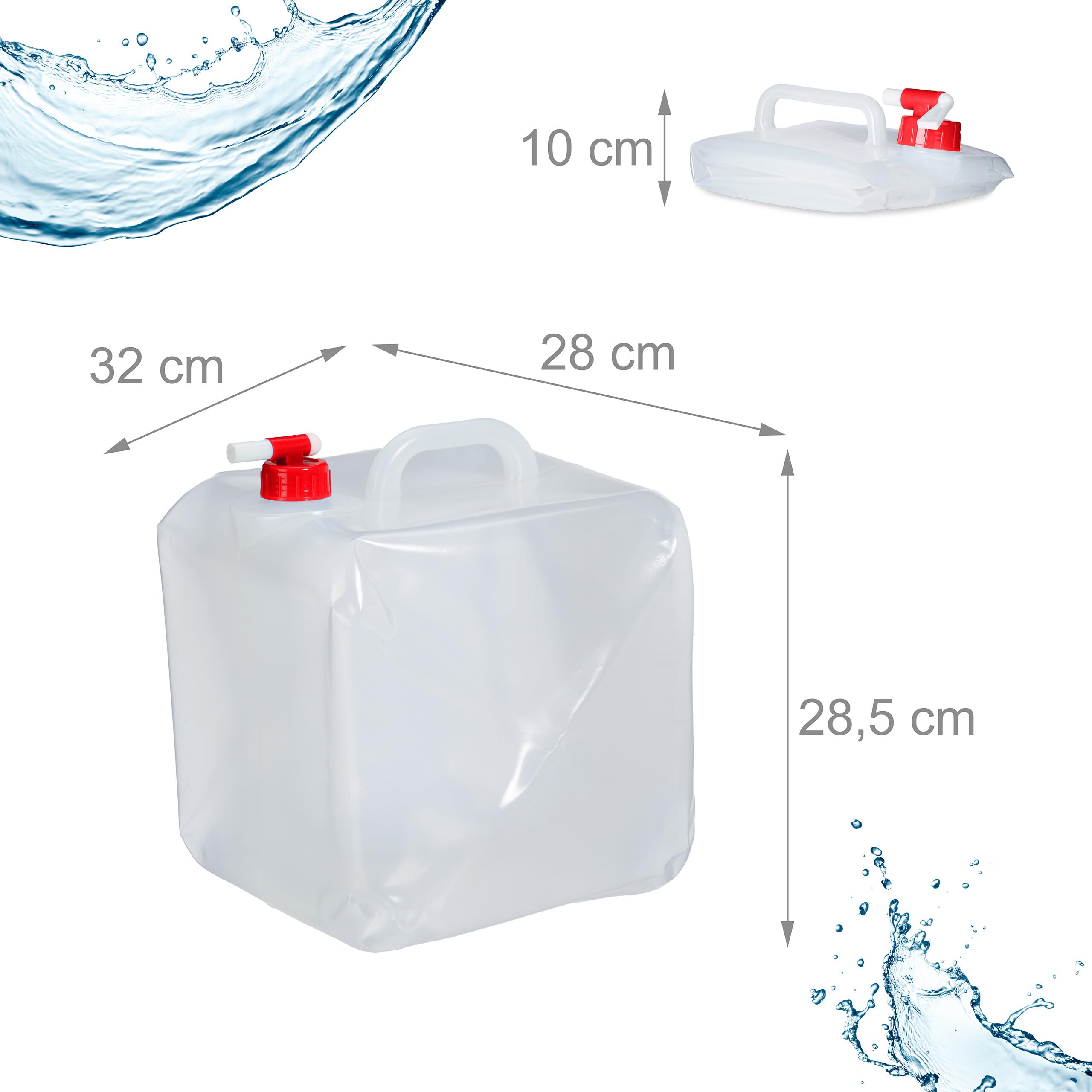 Relaxdays Jerrican d’Eau Pliable, Lot de 3, Volume : 20 l, Robinet, Neutre au goût, sans BPA, Transparent/Rouge