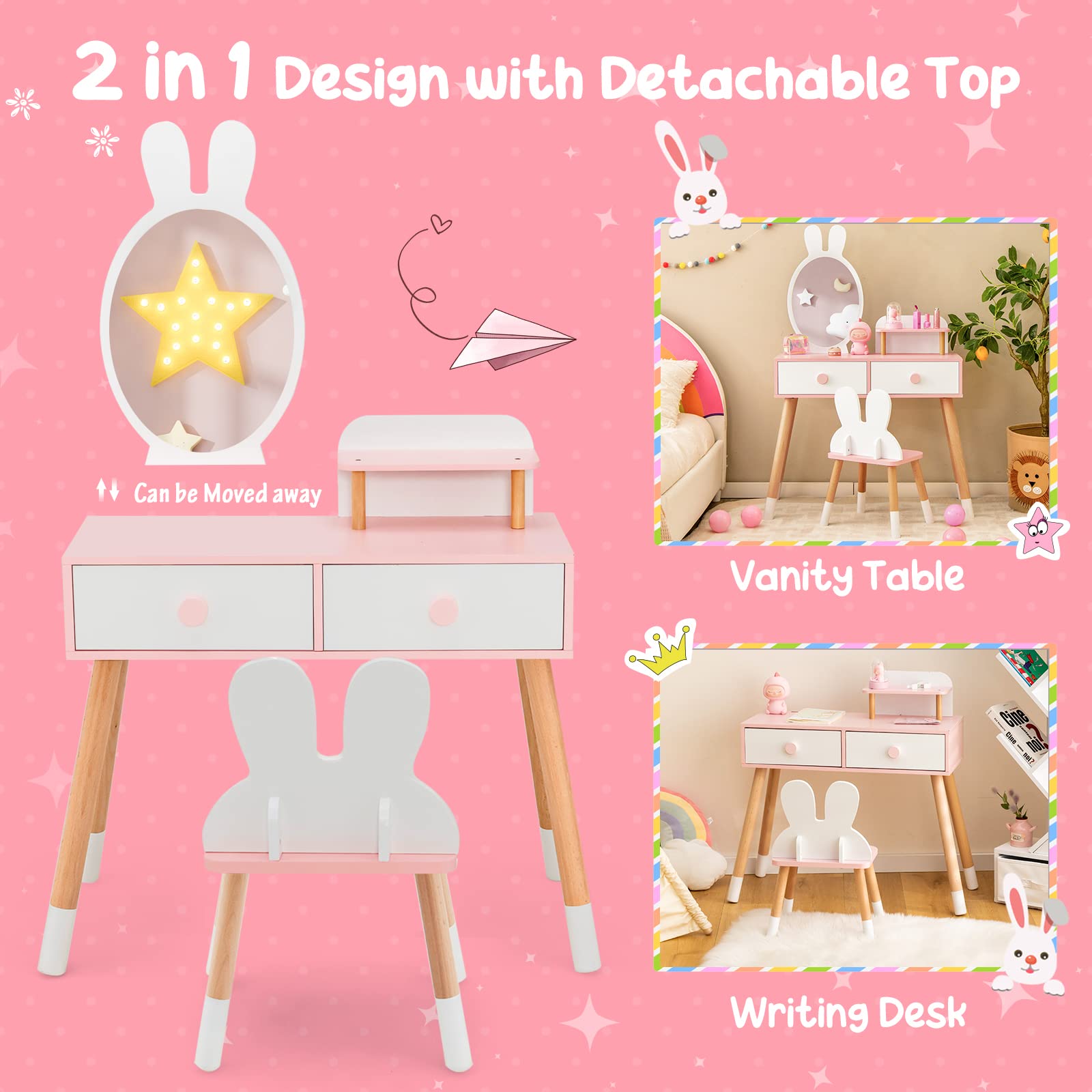 GOPLUS Tocador Niña de Madera, Tocador Infantil Princesa 2 en 1 con Taburete y Espejo en Forma de Orejas de Conejo, Cajones Dobles y Estante Adicional, 78 x 37 x 110 CM