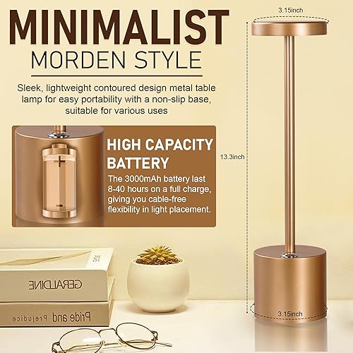 Miniatura 5 de Moss & Stone Paquete de 2 lámparas de mesa portátiles inalámbricas LED, lámpara de escritorio inalámbrica USB, lámpara de mesa recargable de 3000