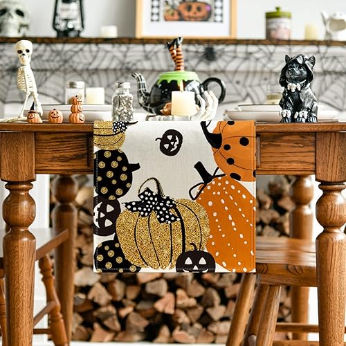 Miniatura 2 de Artoid Mode Camino de mesa de calabaza Jack-O-Lantern de Halloween, decoración de mesa de comedor para interiores y exteriores, decoración de fiesta