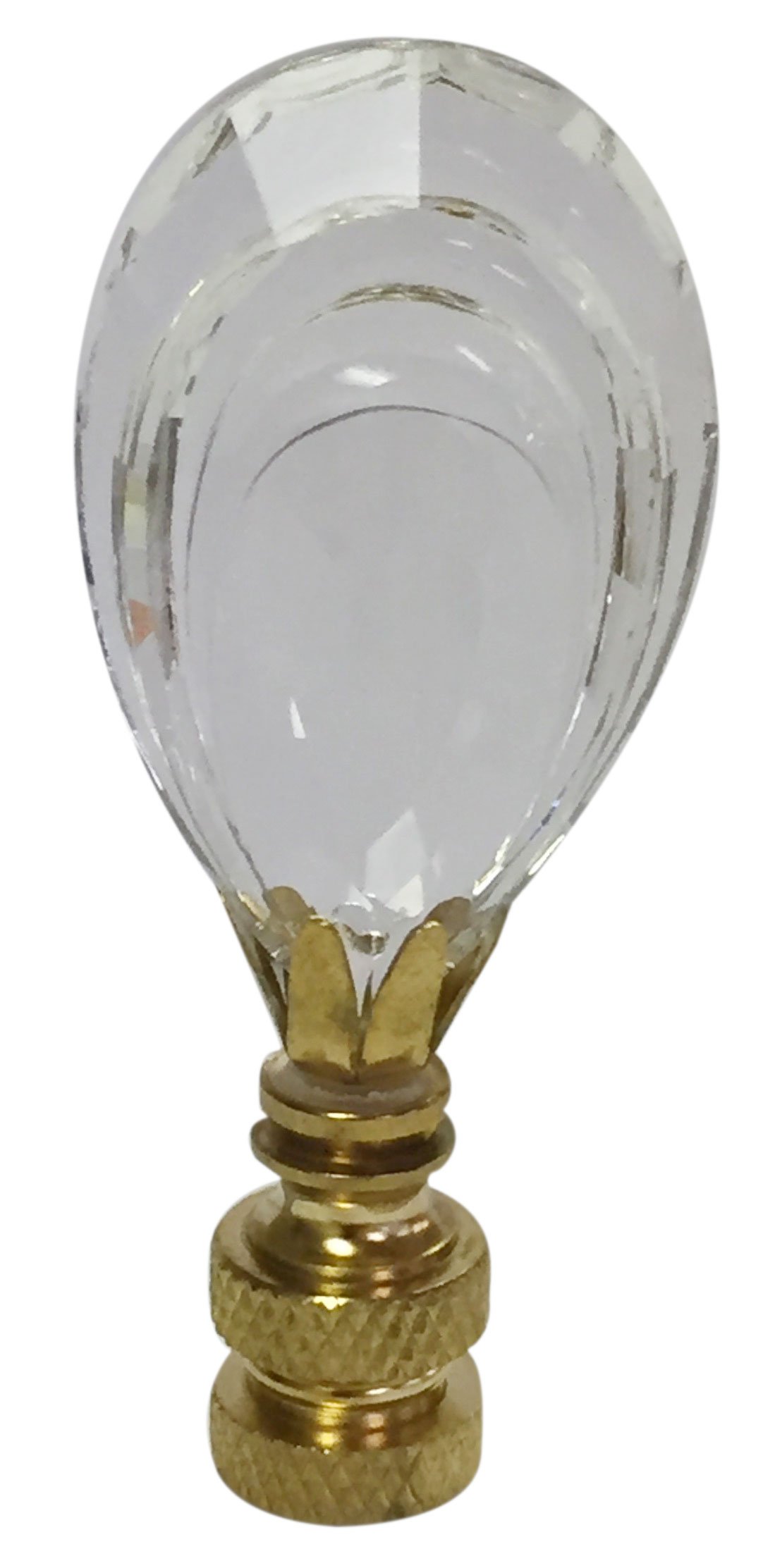 Royal Designs Flat Teardrop Shaped K9 Clear Crystal 1.12" Lamp Finial for Single Lamp Shade, Polished Brass Base