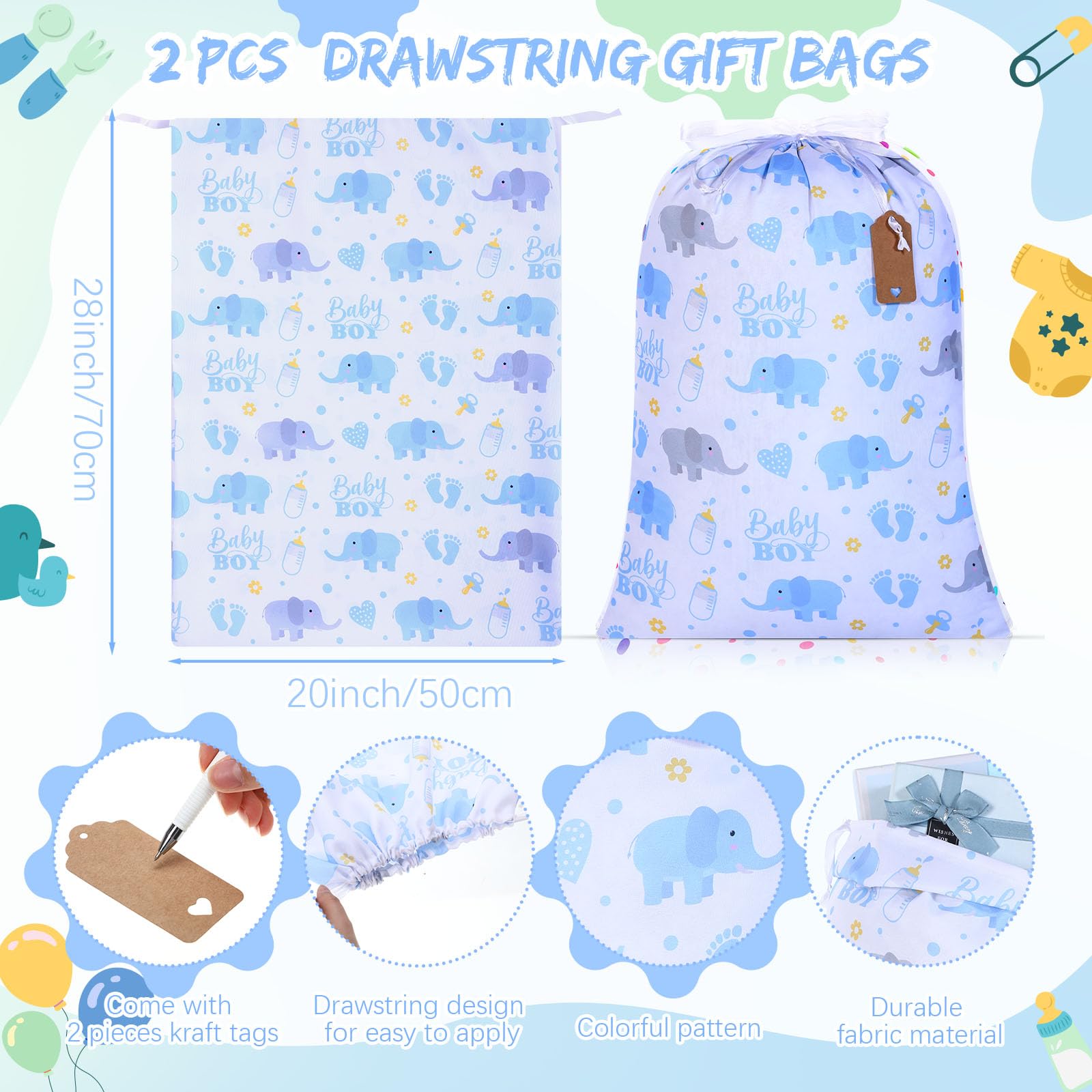 Capoda 2 Pcs Blue Elephant Drawstring Bags 20 x 28 Inch Extra Large Baby Shower Bags Reusable Fabric Elephant Gift Pouches for Birthday Baby Shower Gender Reveal Gift Wrapping Supplies Decor