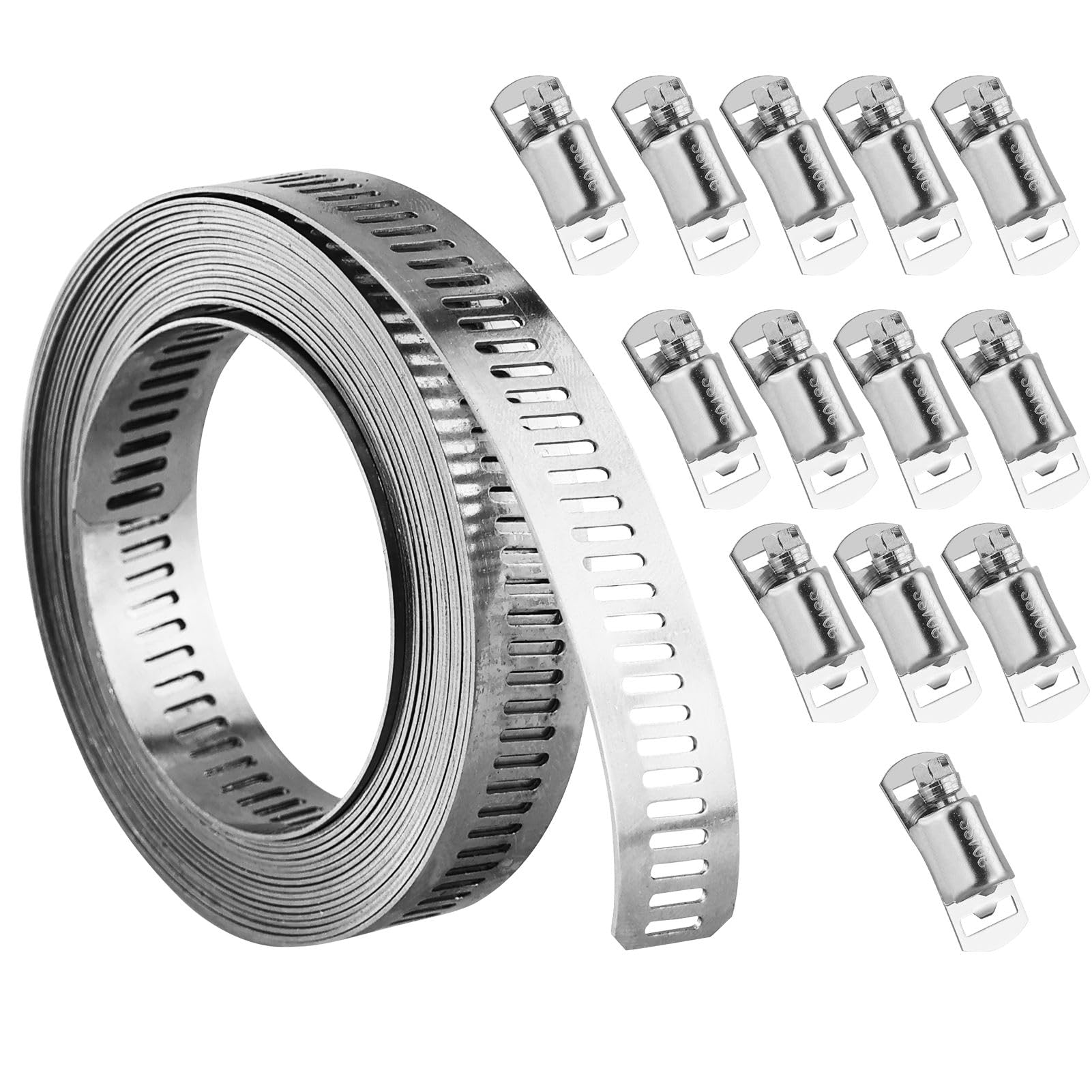 Easykeenecom Silver Hose Clamp Kit Diy 11.5 Feet Metal Strap + 18 Stronger Fasteners Large Adjustable Clamp Worm, Gear Band Hose Clamps Screw Clamps Duct Pipe Metal Clamp Strapping For Pipe, Plumbing, Tube