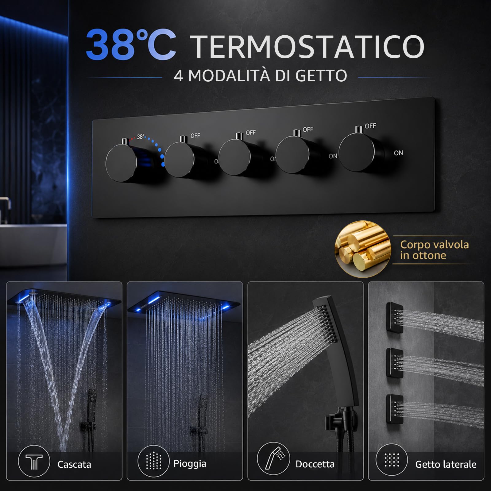 Colonna Doccia Termostatico con Musica, 64 Colori RGB LED Colonna Doccia Incasso con 3 Modalità 580 * 380 Mm Soffione Doccia a Pioggia, 6PCS Getti Idromassaggio, Miscelatore Doccia Incasso, Doccetta