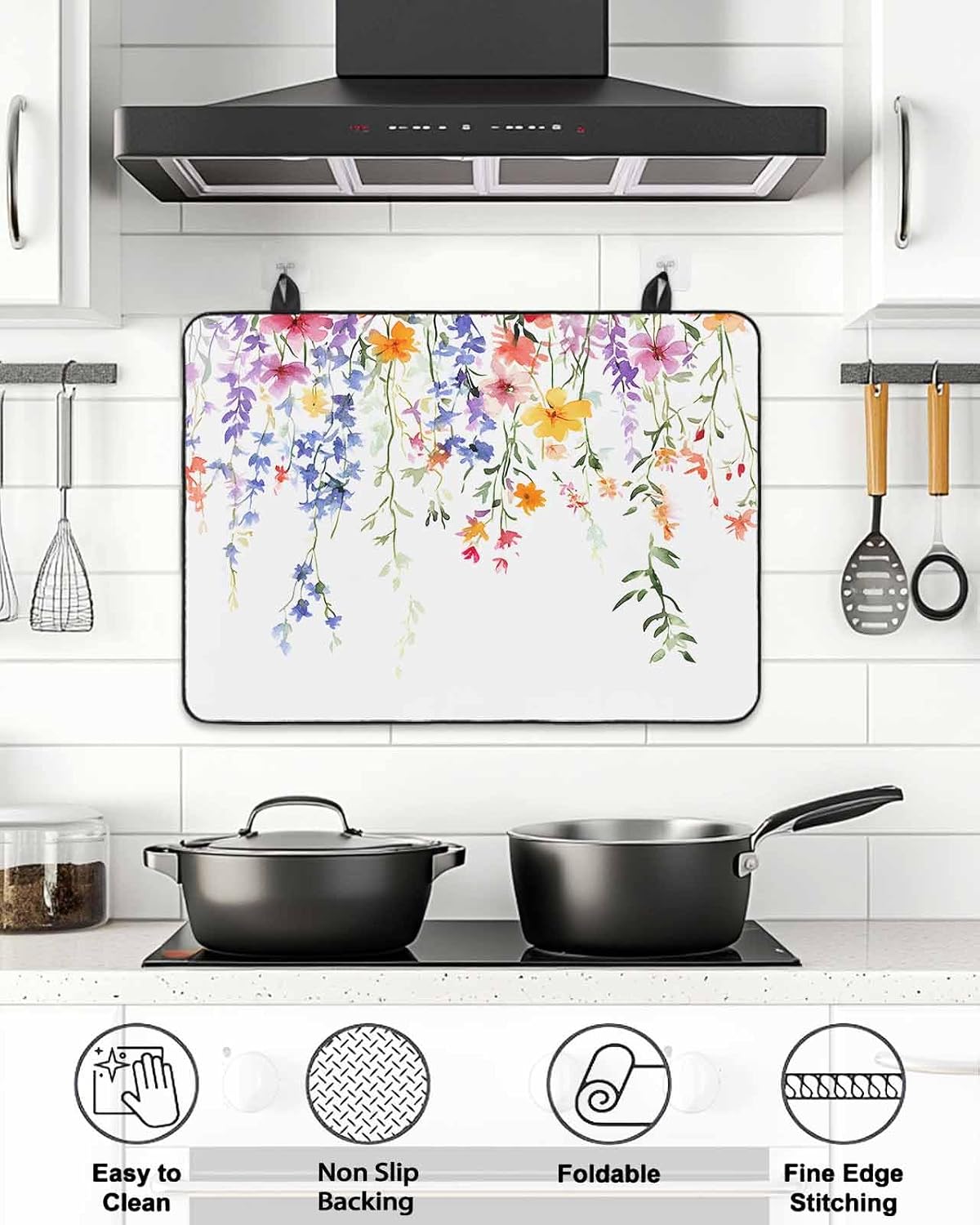 Stove Cover for Electric Stove 24x21 Inch Spring Flower Leaf Stove Top Cover Watercolor Floral Glass Cooktop Covers Anti-Slip & Heat Resistant Countertop Protector Home Kitchen Decor