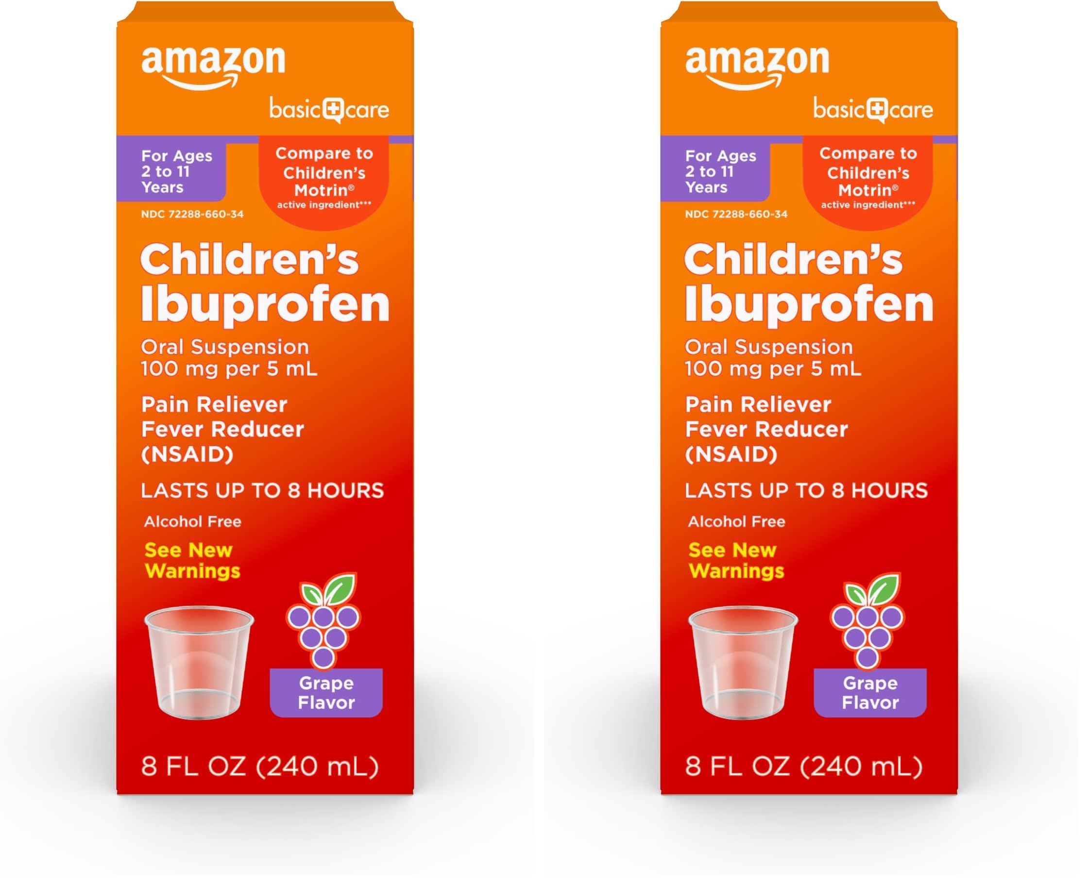 Amazon Basic Care Children's Ibuprofen Oral Suspension 100 mg per 5 mL, Pain Reliever and Fever Reducer, Grape Flavor, for Minor Aches, Sore Throat, Headache Relief and More, 8 fl oz (Pack of 2)
