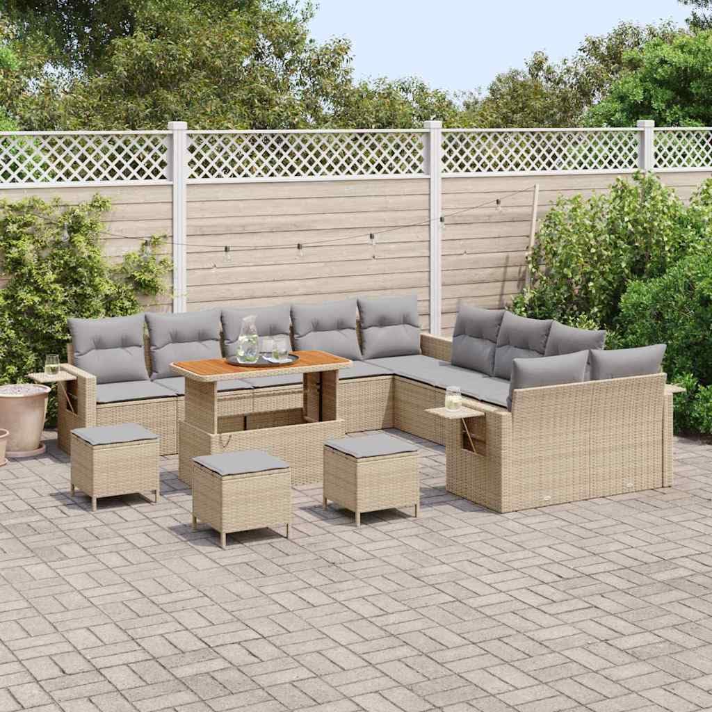 Juego de 14 sofás de jardín de polirratán beige con cojines y madera de acacia, conjunto modular de salón para patio con mesa ajustable