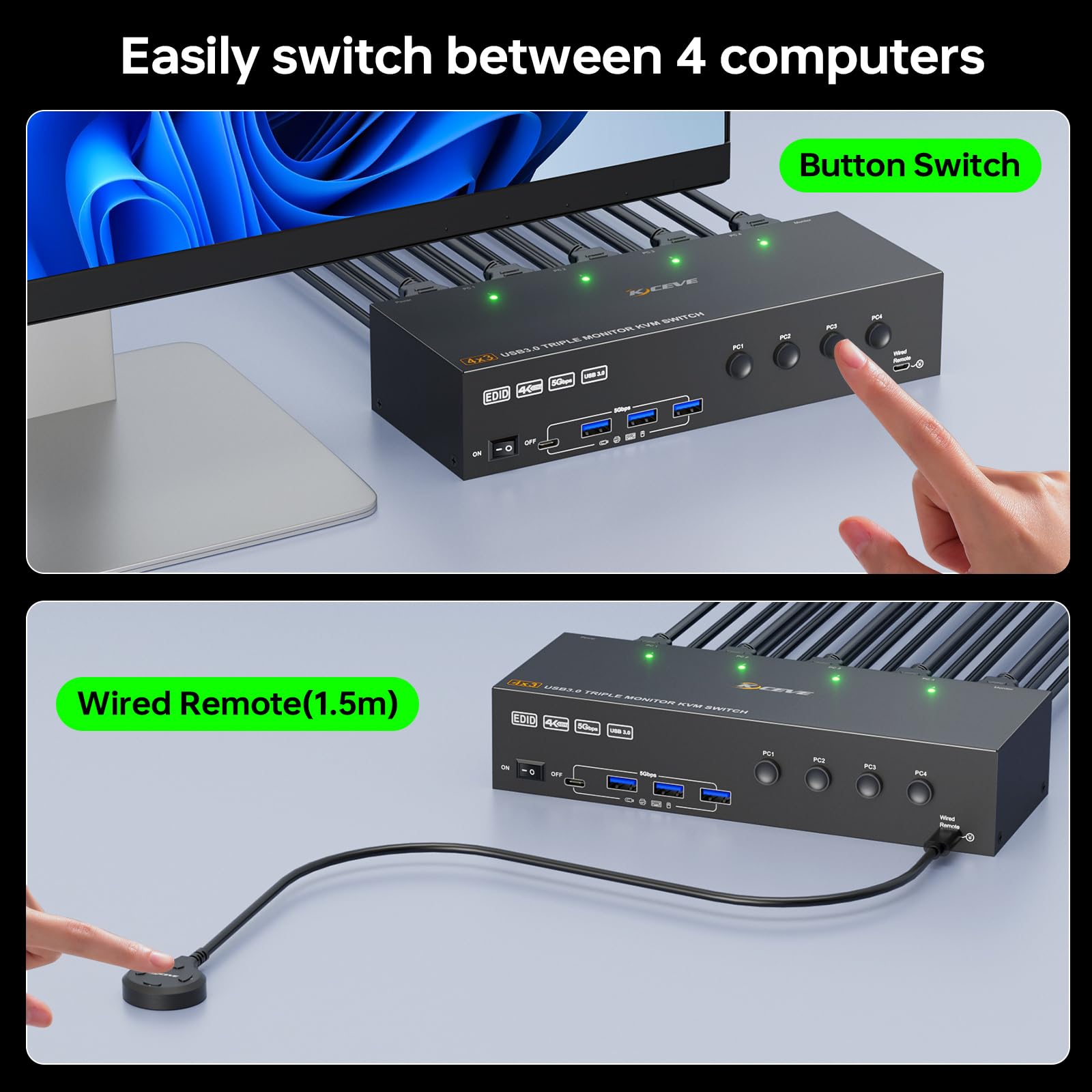 KVM Switch 3 Monitore 4 PC 4K@60Hz EDID Simulation, HDMI und Displayport KVM Switch Triple Monitor für 4 PC Teilen Sie 3 Monitor und 4 USB-Geräte, Kabelfernbedienung und 4 USB-Kabel Enthalten
