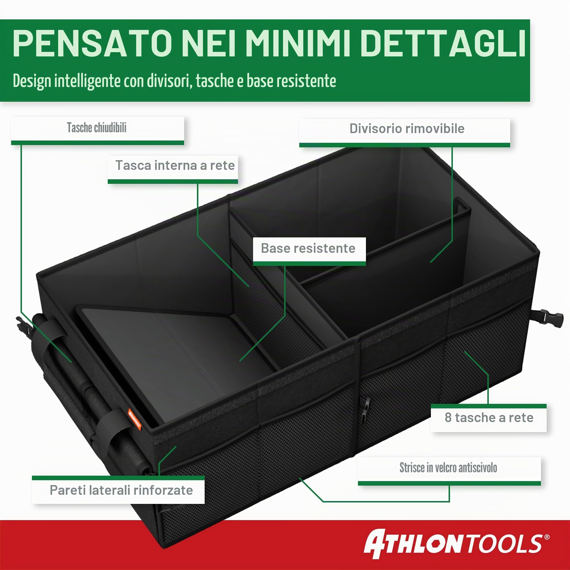 ATHLON TOOLS Organizer per bagagliaio XXL – Organizer per auto pieghevole - Borsa per bagagliaio antiscivolo, rinforzata, Borsa per bagagliaio stabile con coperchio – Scatola per auto per conservare e