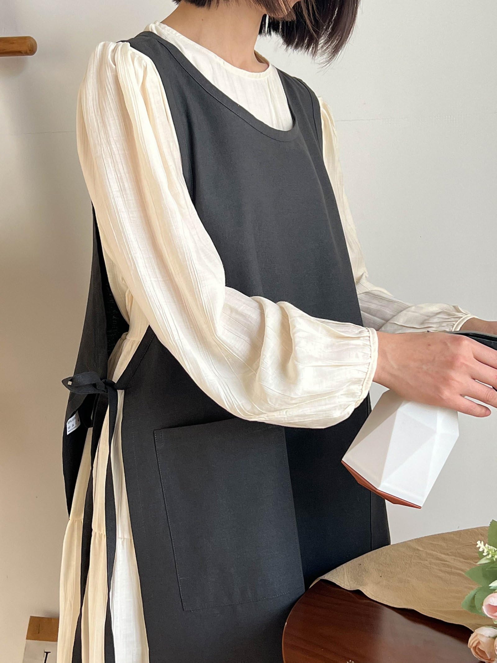 Grembiule In Cotone e Lino Per Donna con Lacci Laterali Scollo Rotondo Casual per Cucinare, Dipingere, Cucinare, Bar
