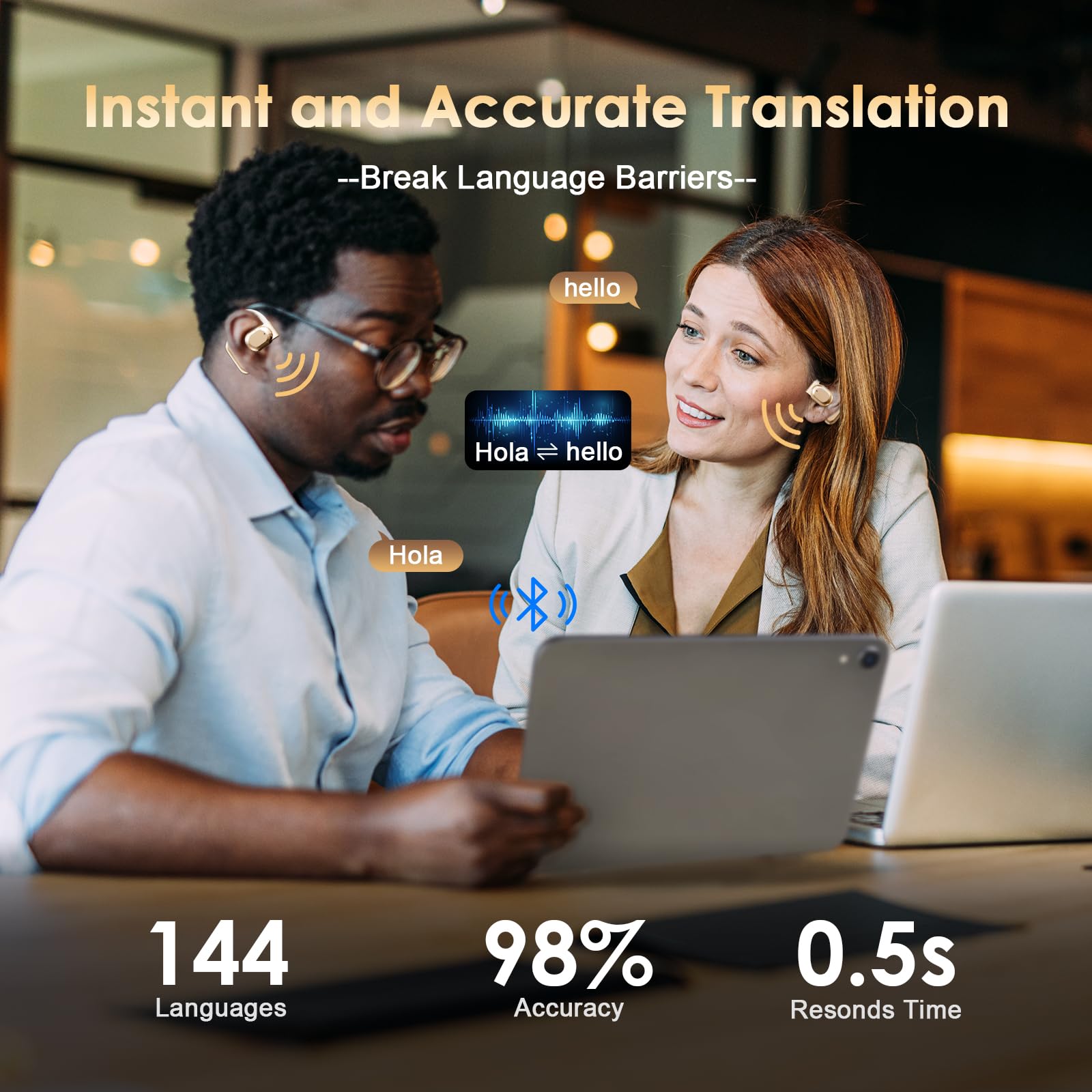 AI Translation Earbuds Real Time for iPhone and Android, 144 Language Translator Earbuds 3-in-1 Translation Headphones Translating Earbuds Device for Travel Business Learning with Charging Case (Gold)