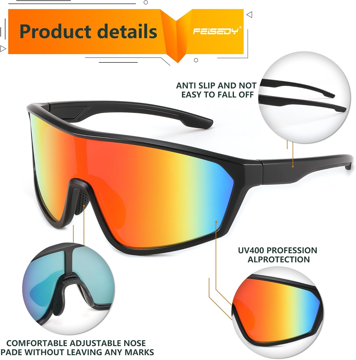 FEISEDY Cycling Sunglasses Men Women, UV400 Protection for Baseball Cycling Sun Glasses Youth 8-12 B0085