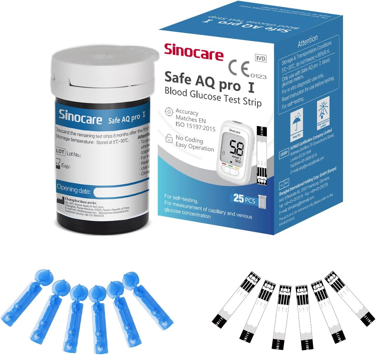Sinocare Safe AQ Pro I Blood Glucose Test Strips 25pcs & Lancing Devices 25pcs, Composite Silver Electrode Test Strips, Only for Sinocare Safe AQ Pro I Blood Sugar Monitor