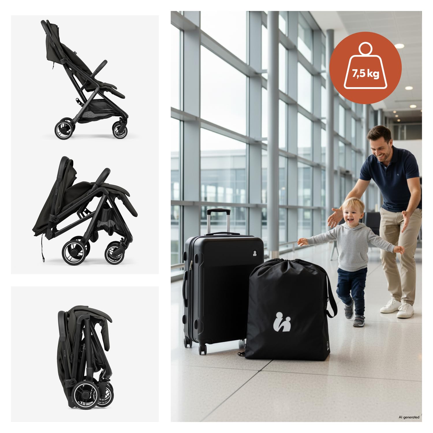 Hauck Fly N Care, Black - Ultra Compact & Light Travel Pushchair (7.5kg) with One Hand Fold, Carry Strap & Bag, Seat Liner, Car Seat Adapter, UPF 50+ Sun Canopy, Fully Reclining from Birth to 22 kg — view 4