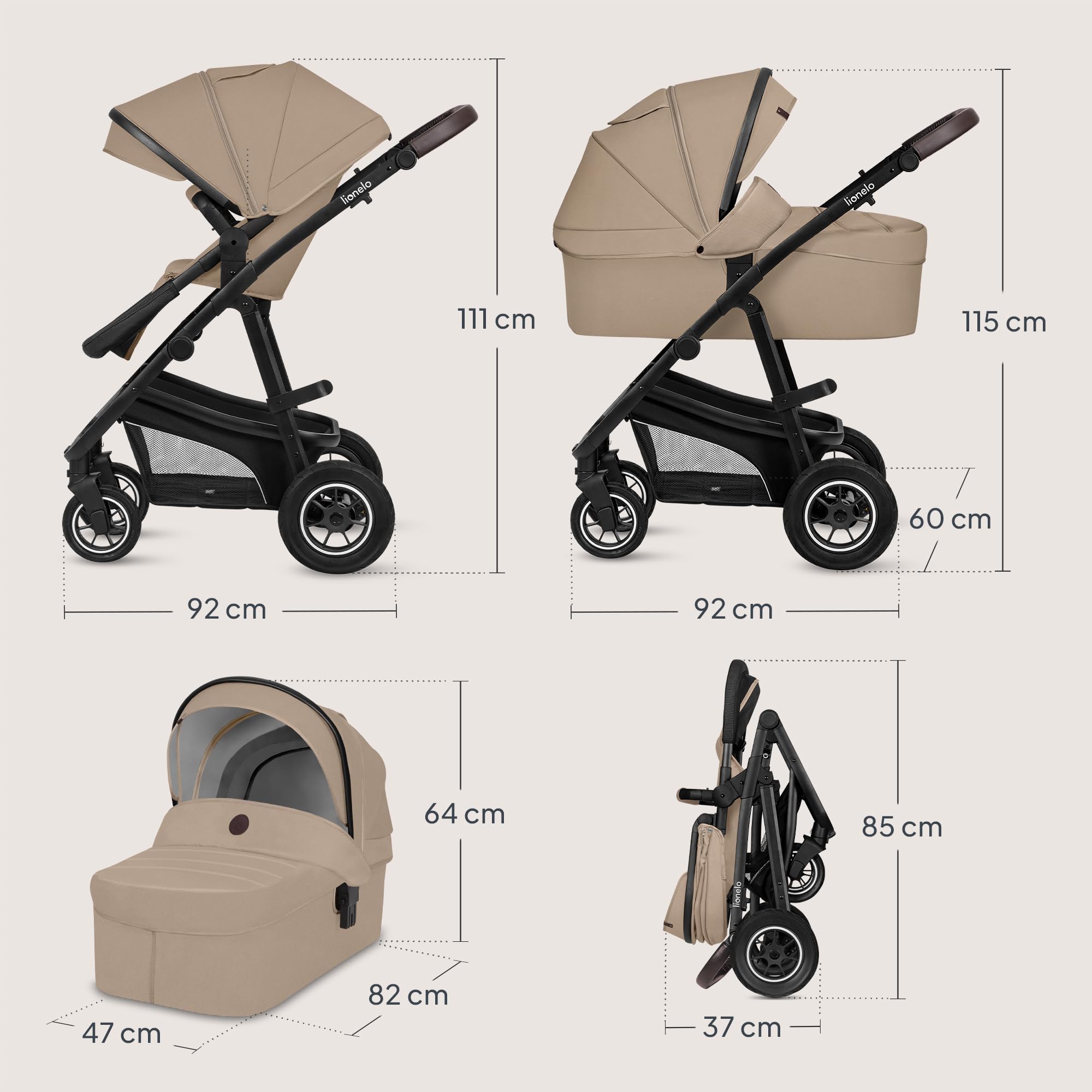 LIONELO BIANKA Cochecito de Bebé 3 en 1 (22 kg) Portabebés (9 kg) Silla de Coche (13 kg), Plegable, Sistema de Viaje Respaldo Ajustable Ruedas 360o Amortiguación, Capota XXL, Carrito de Bebe (Beige)