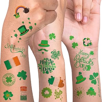 St Patricks Day Tattoos, 20 Unique Sheets Shamrock Patterned Tattoos, St. Patricks Day Face Tattoos for Kids, Irish Parade and Party Favors Decorations