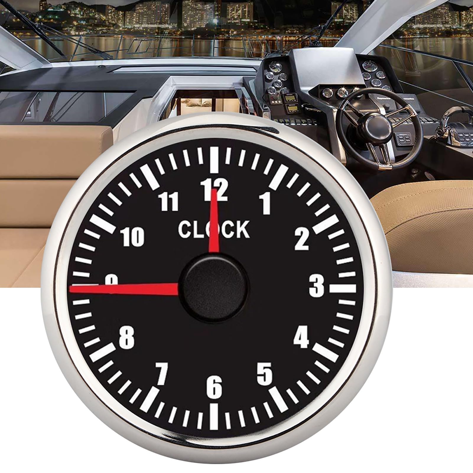 Indicador de Reloj de 52 Mm, Contador de Horas Universal de 0 a 12 Horas con Luz de Fondo Roja para Automóvil, Barco, Yate, Esfera Negra, Marco Plateado (Bisel plateado con