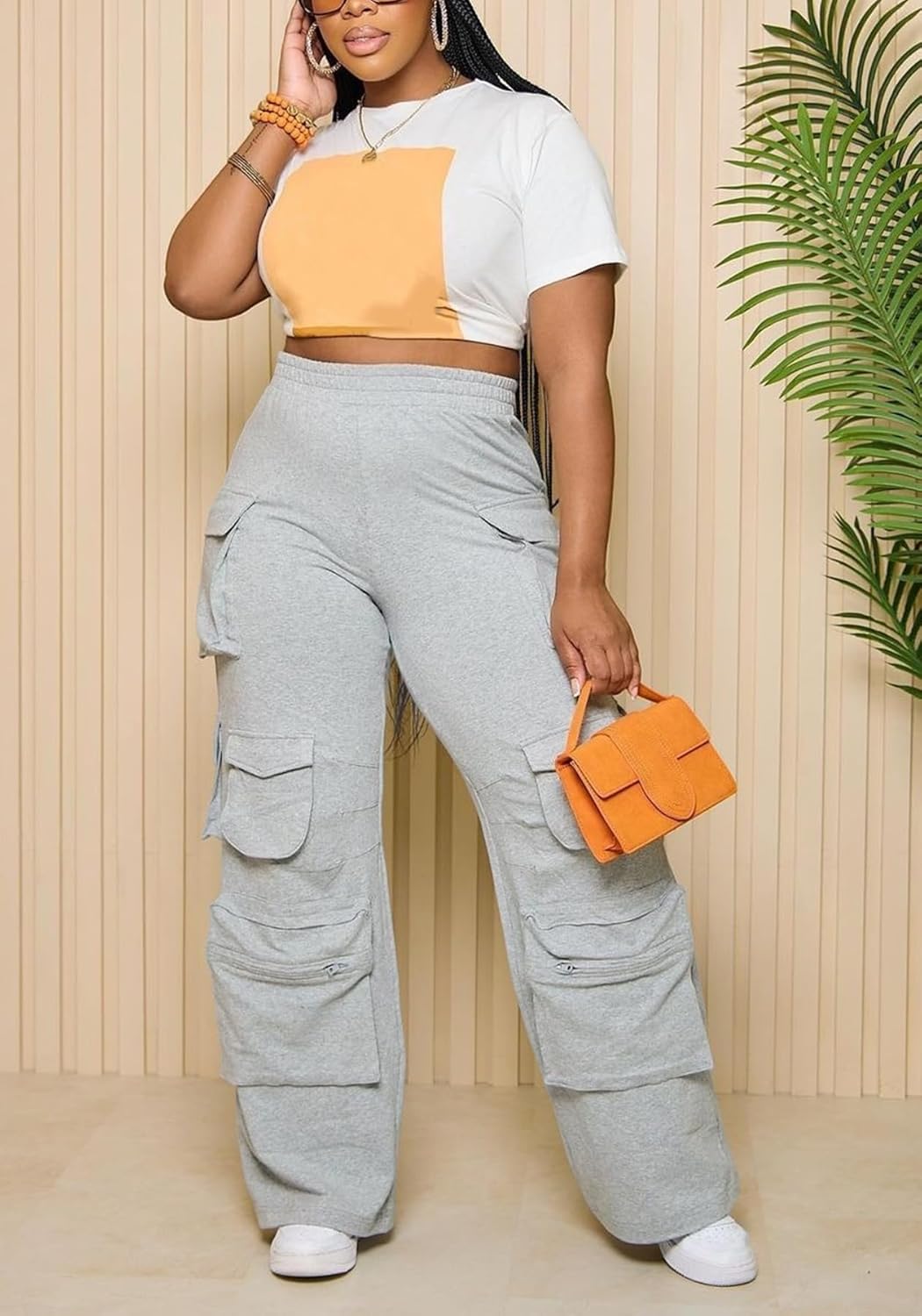 LETSVDO Women Wide Leg Cargo Sweatpats Baggy Elastic High Waisted Straight Leg Pants Casual Trouser Jogger with Pockets - Image 4