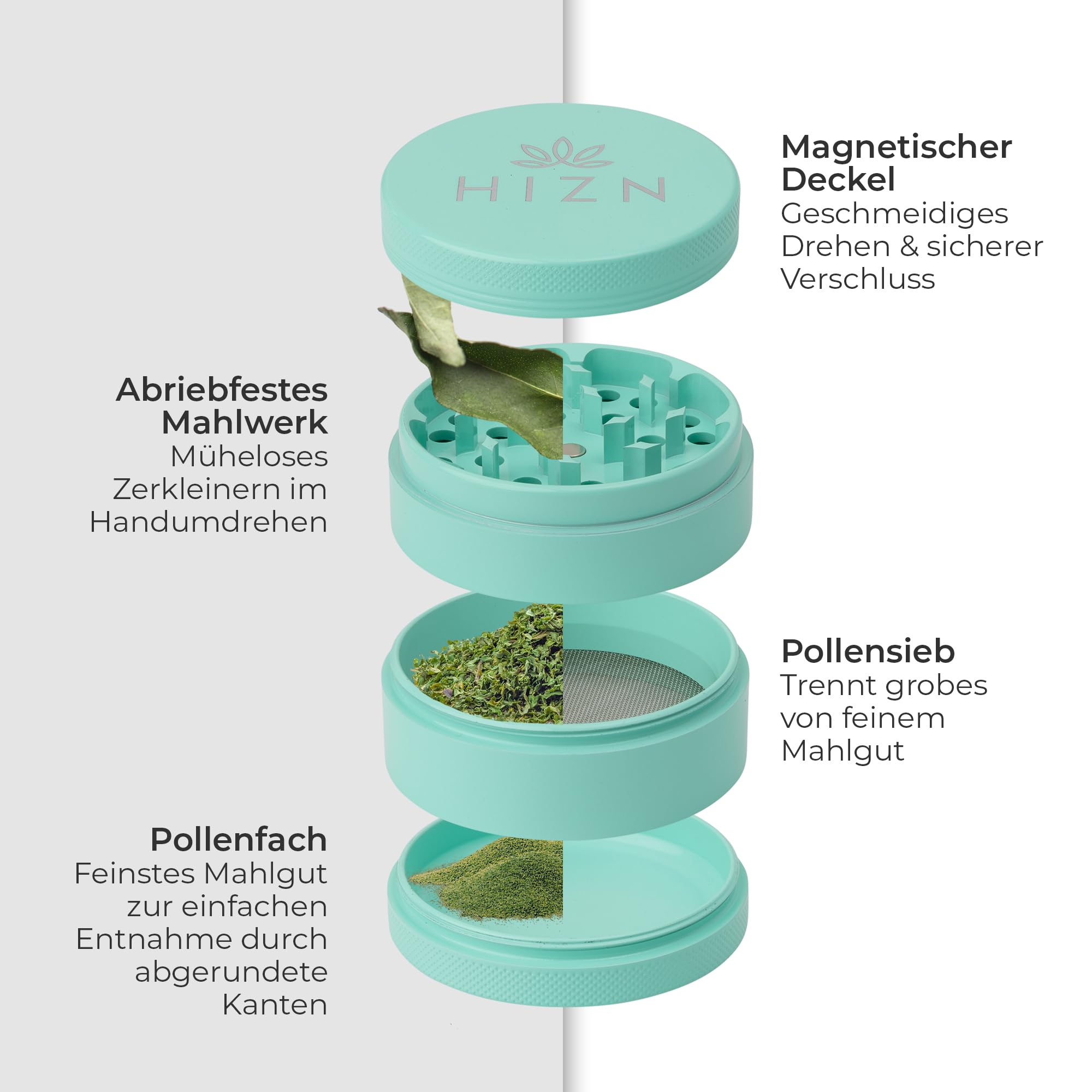 Keramik Grinder 4-teilig Ø 63mm, Premium Grinder mit Nano-Beschichtung, Metall Crusher Kräutermühle, Antihaft & langlebig, inkl. Zubehör-Set (Mint)
