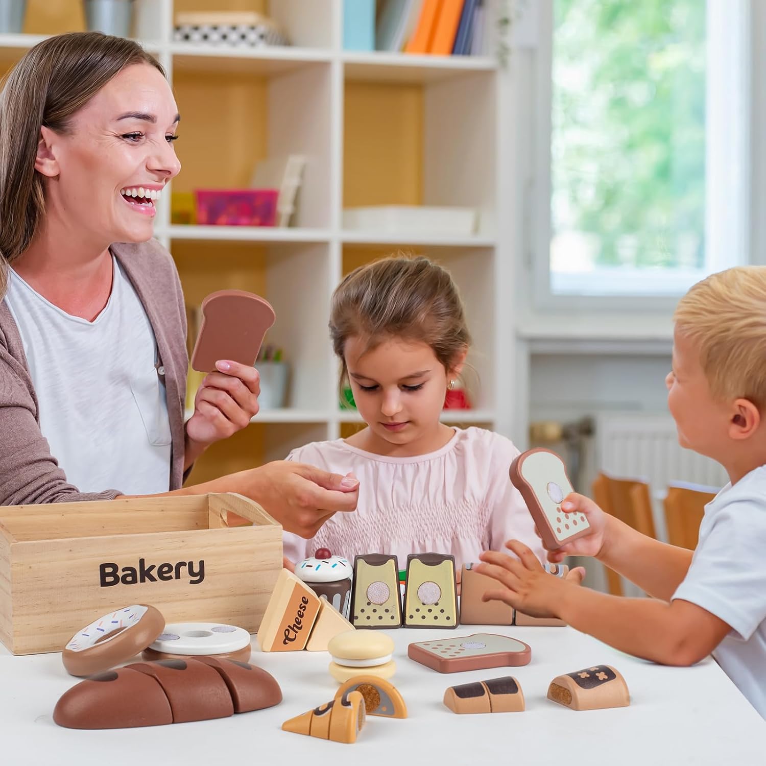 10 PCS Bakery Wooden Play Food Set for Kids Kitchen, Wooden Food Cutting Toys, Pretend Play Kitchen Food Toy Accessories with Storage Box, Christmas Birthday Present for Toddlers & Kids Ages 3+