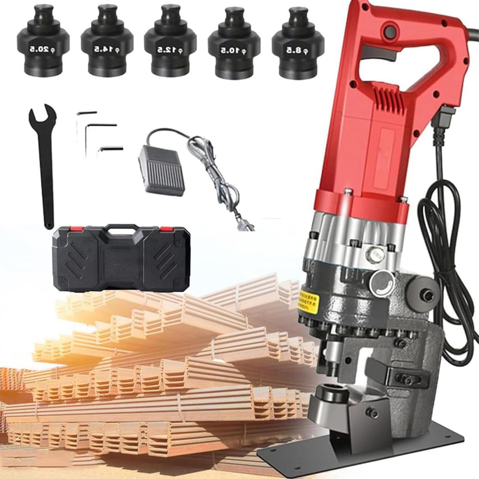 Elektryczny dziurkacz hydrauliczny, dziurkacz metalowy z 5 zestawami dziurkaczy/matryc o średnicy 8,5–20,5mm, do wykrawania w stali, żelazie, aluminium, miedzi i innych,Anglesteel