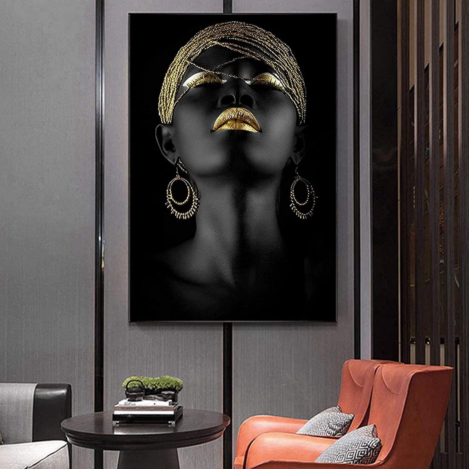 Leinwand Malerei Afrikanische Goldene Lippen Frau Bilder Kunstdruck für Wohnzimmer Schlafzimmer Wandbilder Deko Rahmenlos (80X120CM)