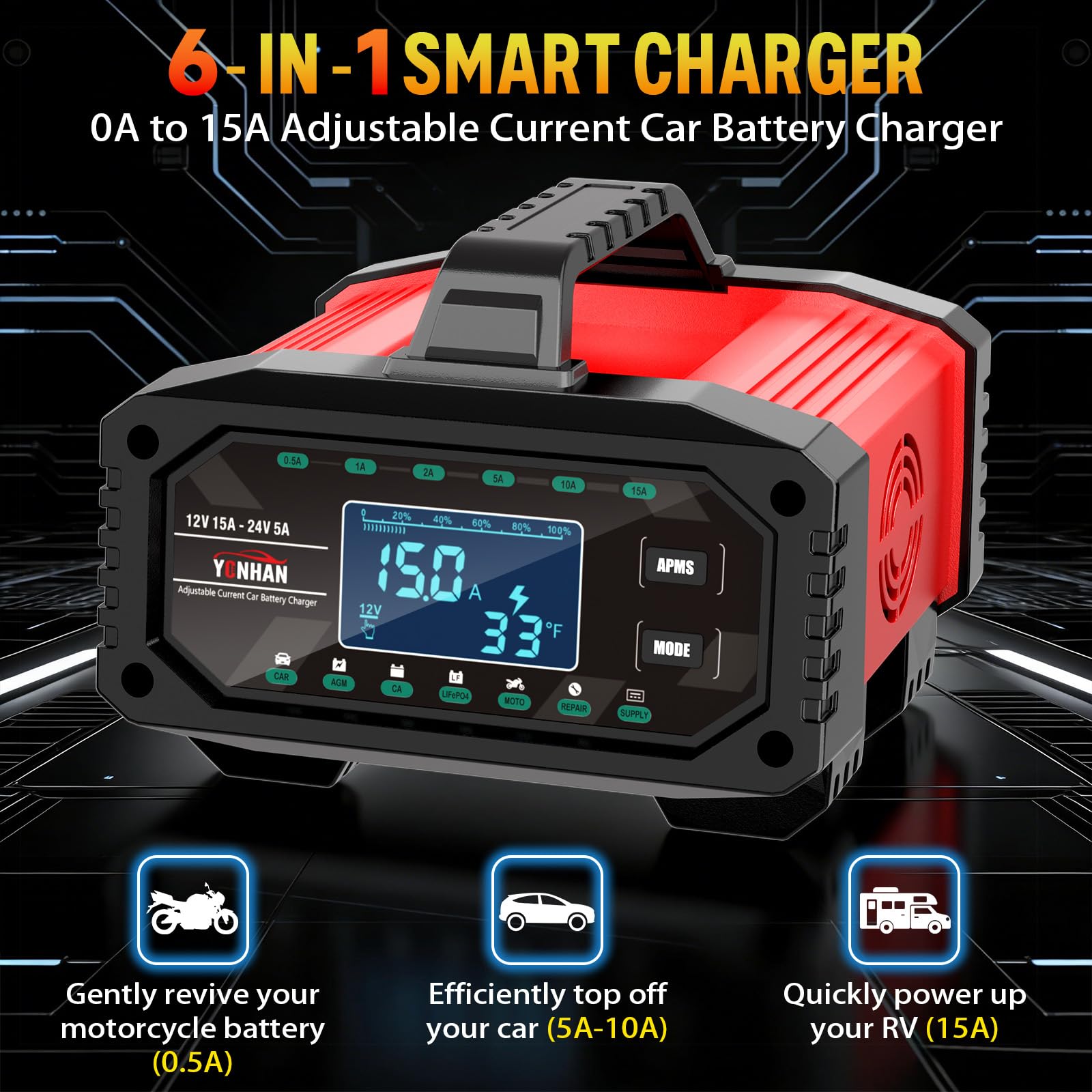 YONHAN - Cargador de batería inteligente de 15 amperios, 12 V y 24 V, completamente automático